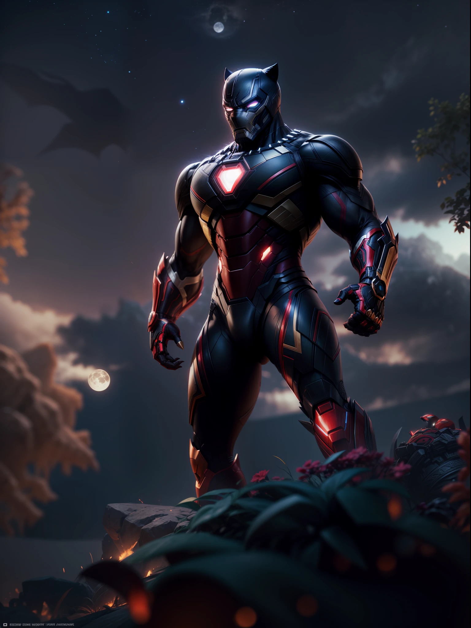 Close a powerful threat, The imposing appearance of an black panther and iron man fusion, menacing stare, ricamente detalhado, Hiper realista, 3D-rendering, obra-prima, NVIDIA, RTX, ray-traced, Bokeh, Night sky with a huge and beautiful full moon, estrelas brilhando, 8k,