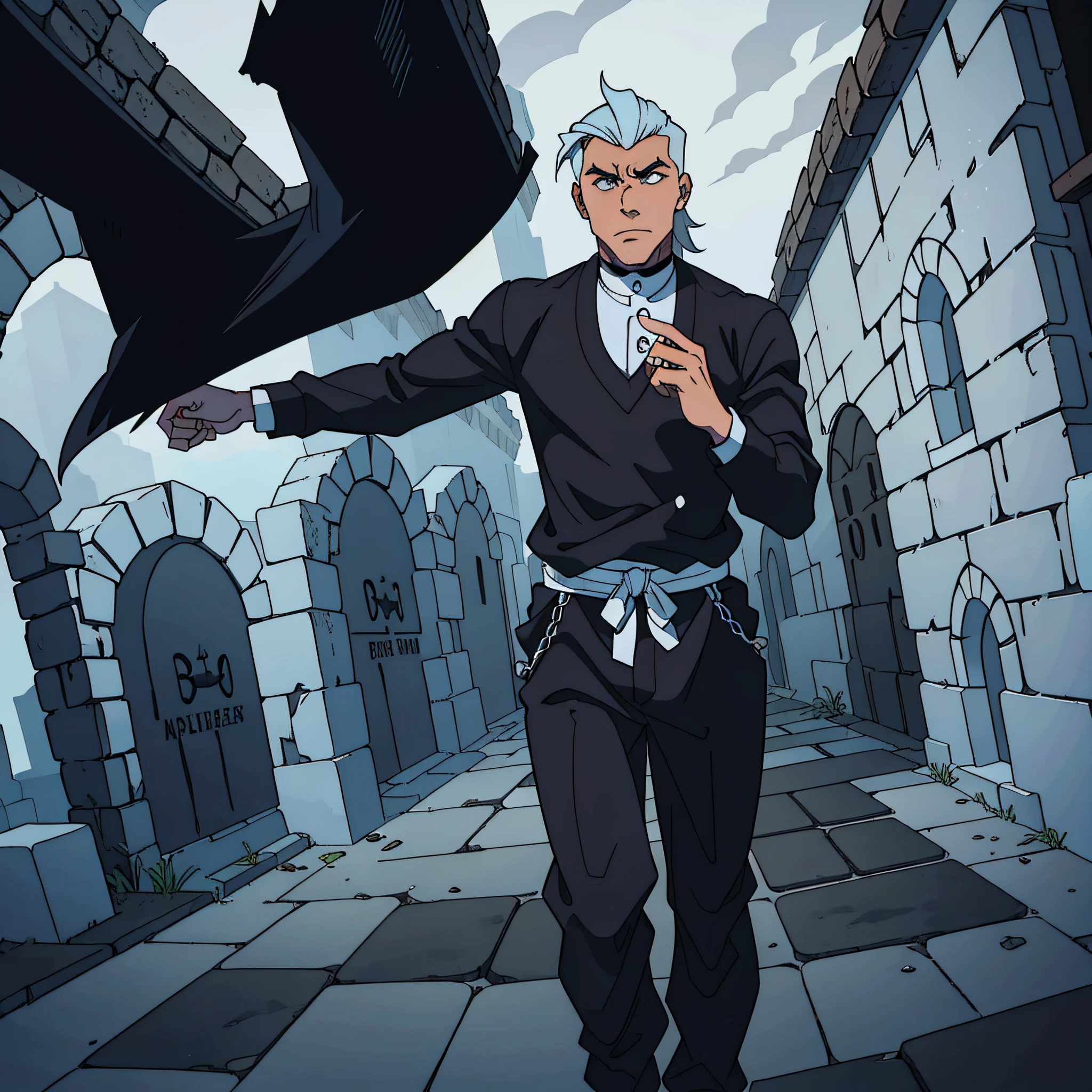 1 pessoa, 1 homem adulto, 25 anos, forte usando terno preto, homem de roupas pretas, terno preto, homem de cabelos branco, cabelos brancos, cabelos longos, olhos azuis e forte, Man inside a cemetery, fundo macabro, fundo de terror, (((obra prima))),