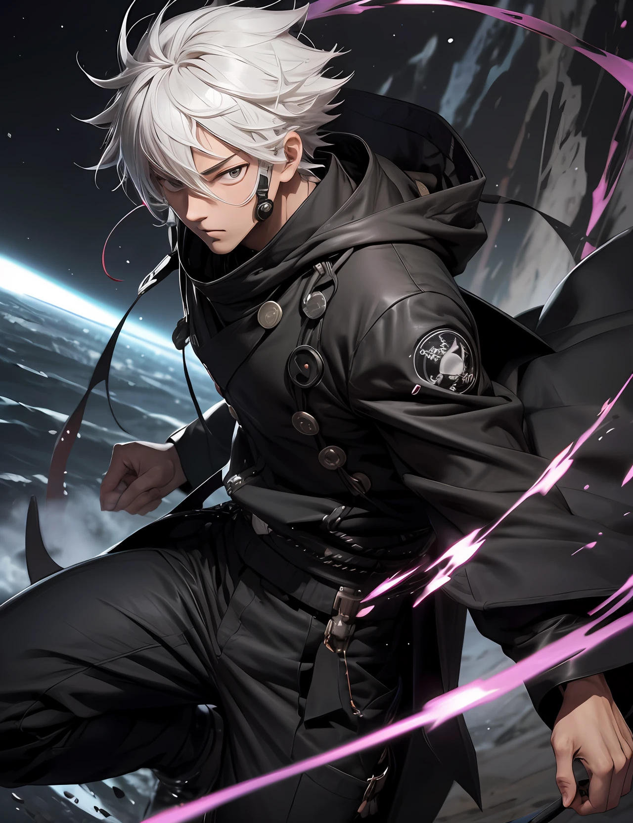 Personagem masculino parecido com Satoru gojo, usando uma habilidade de ataque que e um buraco negro, cabelos brancos, olhos azuis celestiais, olhando para o espectador, com um universo como fundo, usando roupas cyberpunk, tendo um inimigo que parece o Sukuna de jujutso kaisen, highes definition, 4k, muitas corres, A black hole in high definition as background.