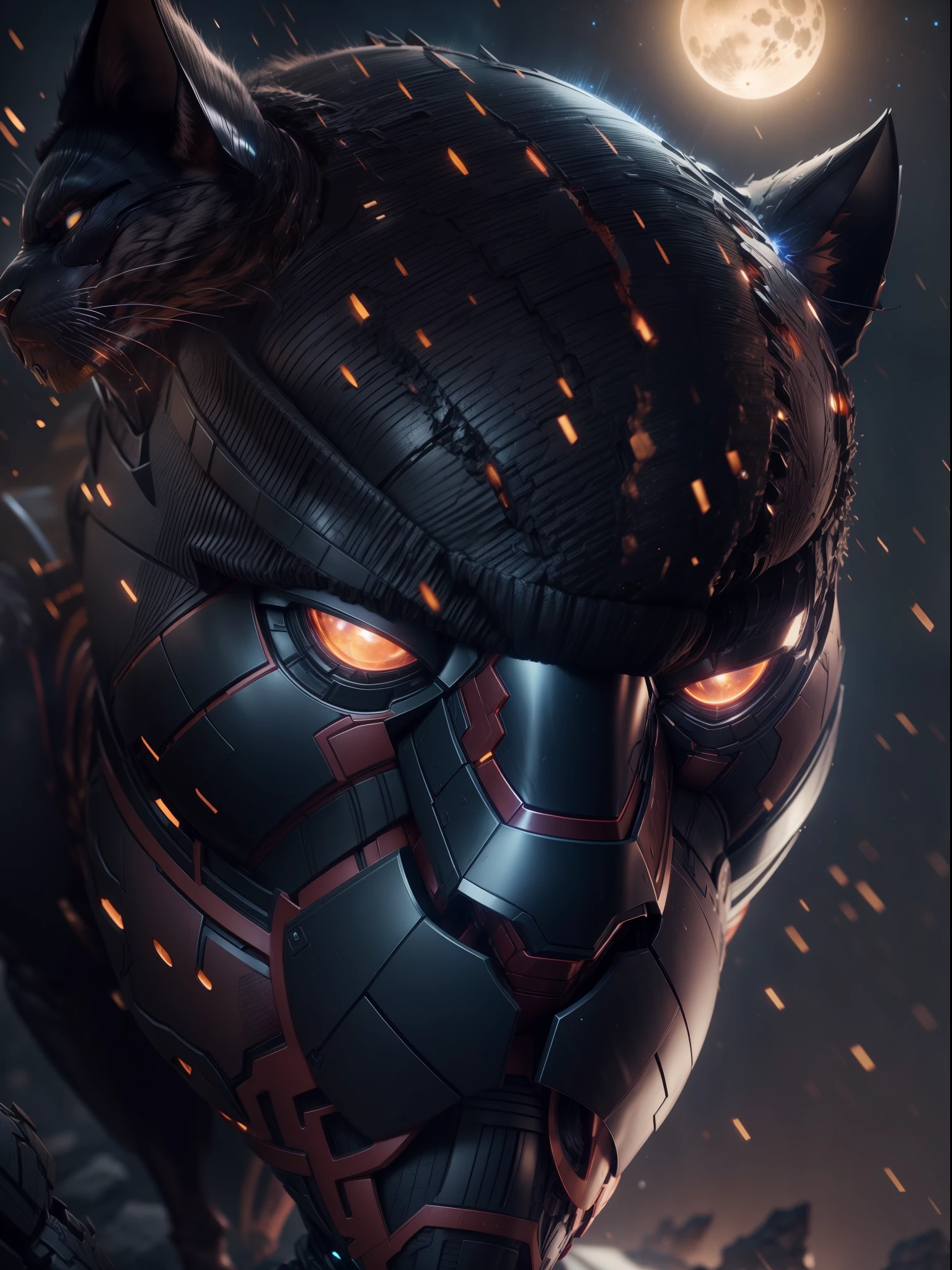 Close a powerful threat, The imposing appearance of an black panther and iron man fusion, menacing stare, ricamente detalhado, Hiper realista, 3D-rendering, obra-prima, NVIDIA, RTX, ray-traced, Bokeh, Night sky with a huge and beautiful full moon, estrelas brilhando, 8k,