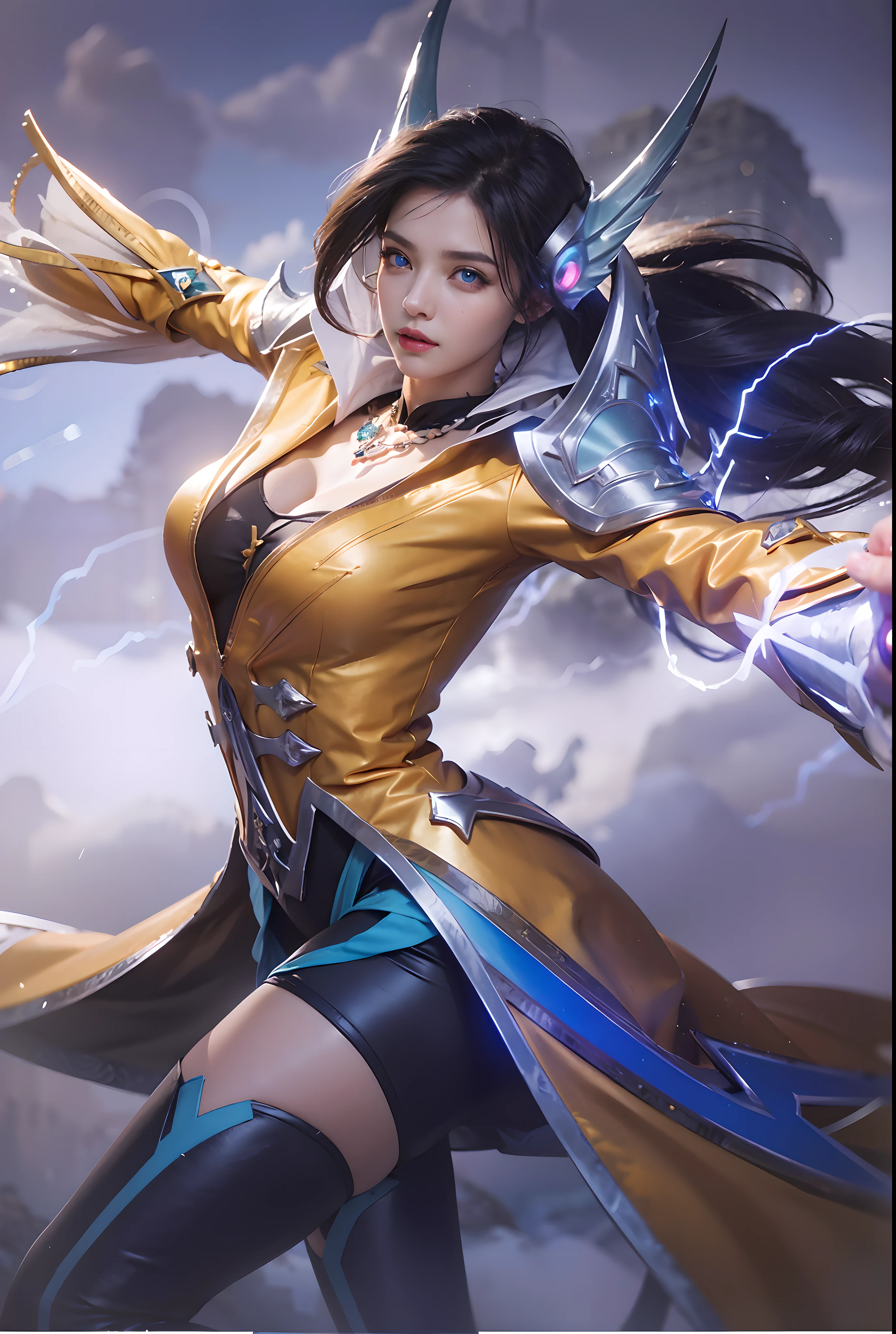 A woman in a gold dress holding a sword and lightning - SeaArt AI