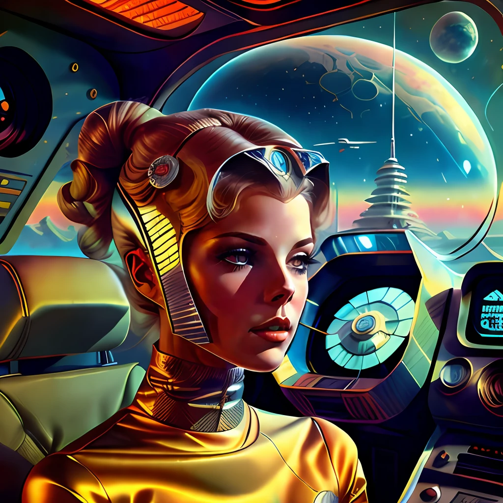 um close up de uma mulher em um capacete segurando um controle remoto, as a retro futuristic heroine, Retro Sci - Imagem de FI, as a retrofuturistic heroine, 7 0's vintage sci - estilo fi, 1 9 6 0 s menina espacial, androide feminino retrofuturista, Retrato de uma mulher sci - fi, Retro 1 9 6 0 S Sci - Art of Fi.