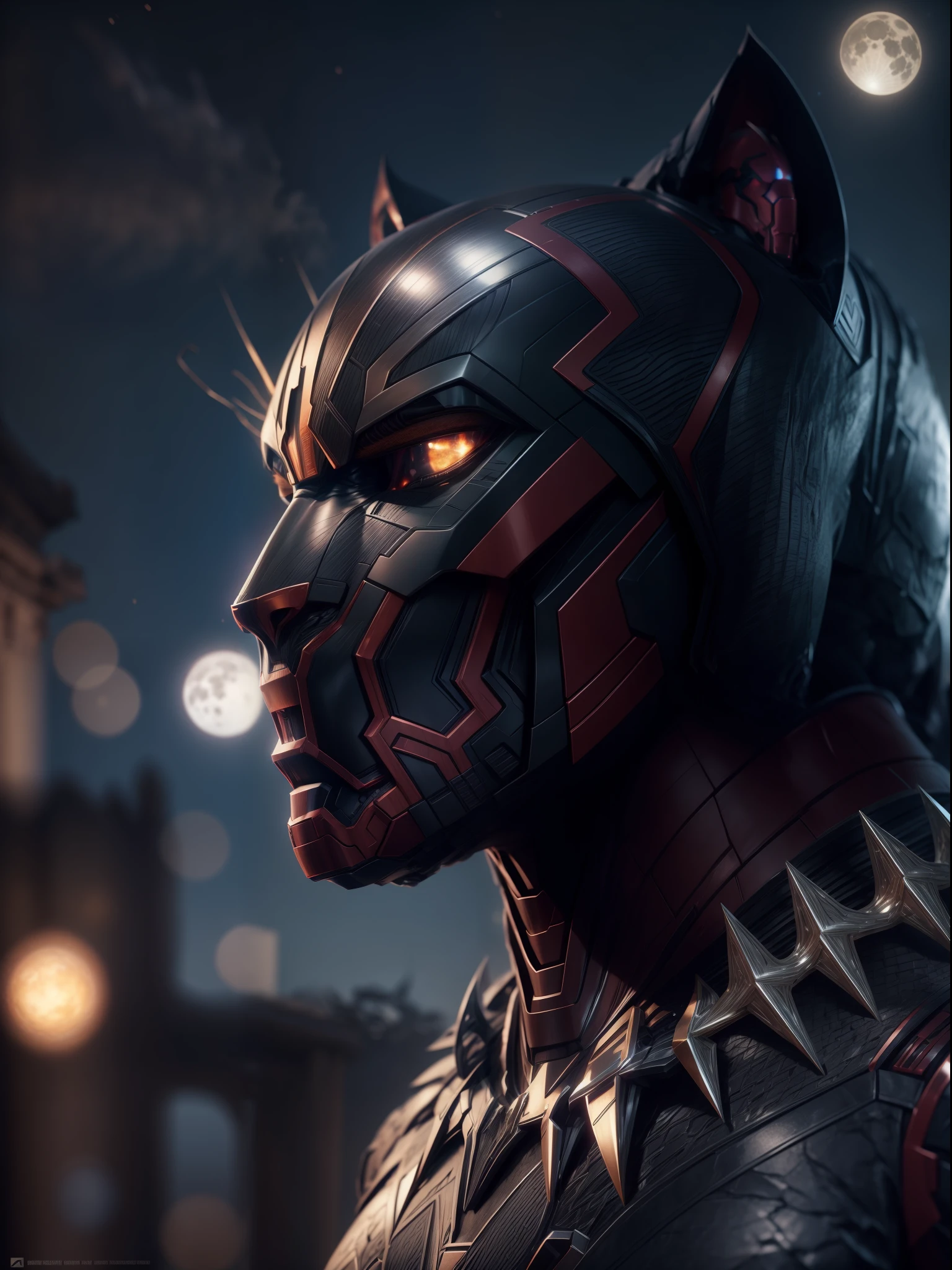 Close a powerful threat, The imposing appearance of an black panther and iron man fusion, menacing stare, ricamente detalhado, Hiper realista, 3D-rendering, obra-prima, NVIDIA, RTX, ray-traced, Bokeh, Night sky with a huge and beautiful full moon, estrelas brilhando, 8k,