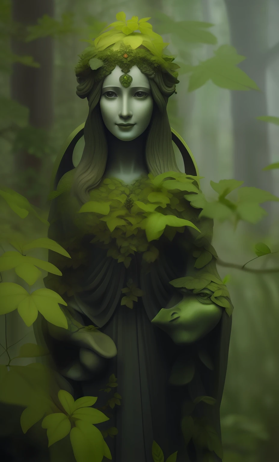 Close up of statue of woman in forest, goddess of nature, Earth goddess mythology, goddess of nature, goddess of the forest, mother nature, woman made of plants, enchanted with nature spirit, extremely detailed goddess shot, queen of nature, druid goddess, Mother Earth, unreal engine rendered + A goddess, pagan goddess, a stunning portrait of a goddess,-AR9:16,With a smile
