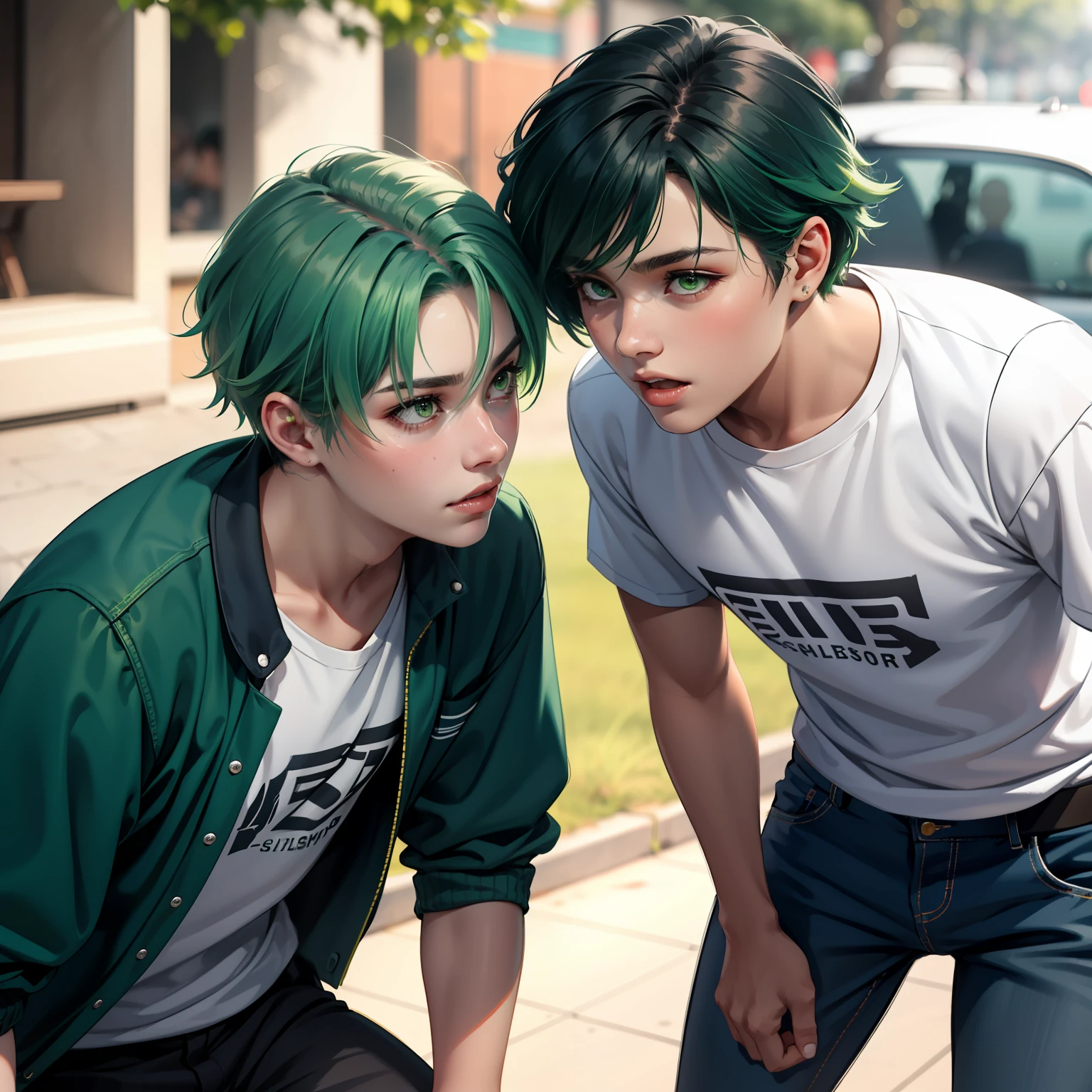 Two -yeld tege friends with Latin skin and bright green hair Light green eyes behind them is a silver city