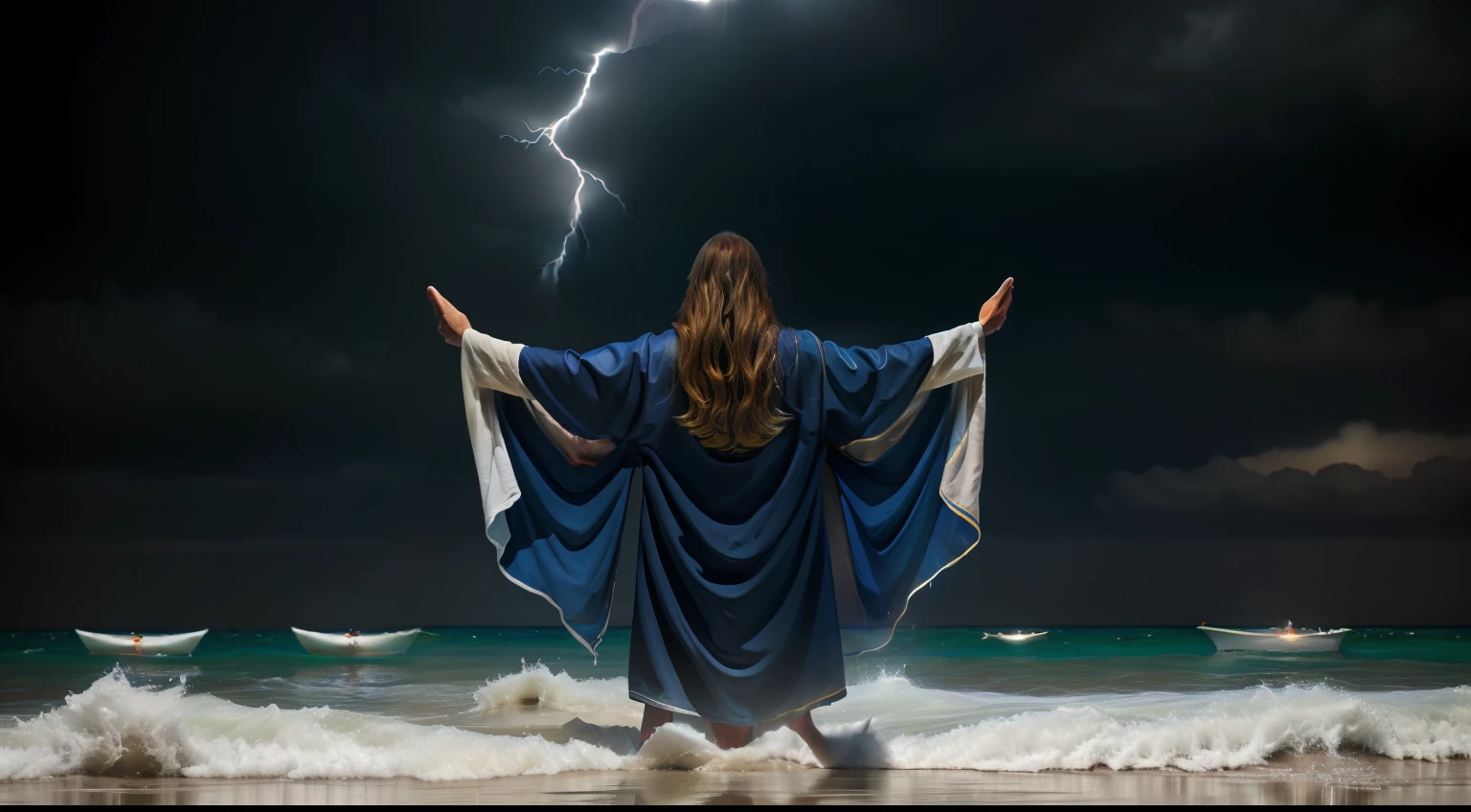 Jesus Christ walking on water in a storm, white robes, waves, soft expression, dark sky with lightning, lightning, photo realism, masterpiece, high quality, high quality, highly detailed CG unit 8k wallpaper, award-winning photos, bokeh, depth of field, HDR, bloom, chromatic aberration, realistic, very detailed, trend in CGsociety, complex, high detail, dramatic, volumetric lighting