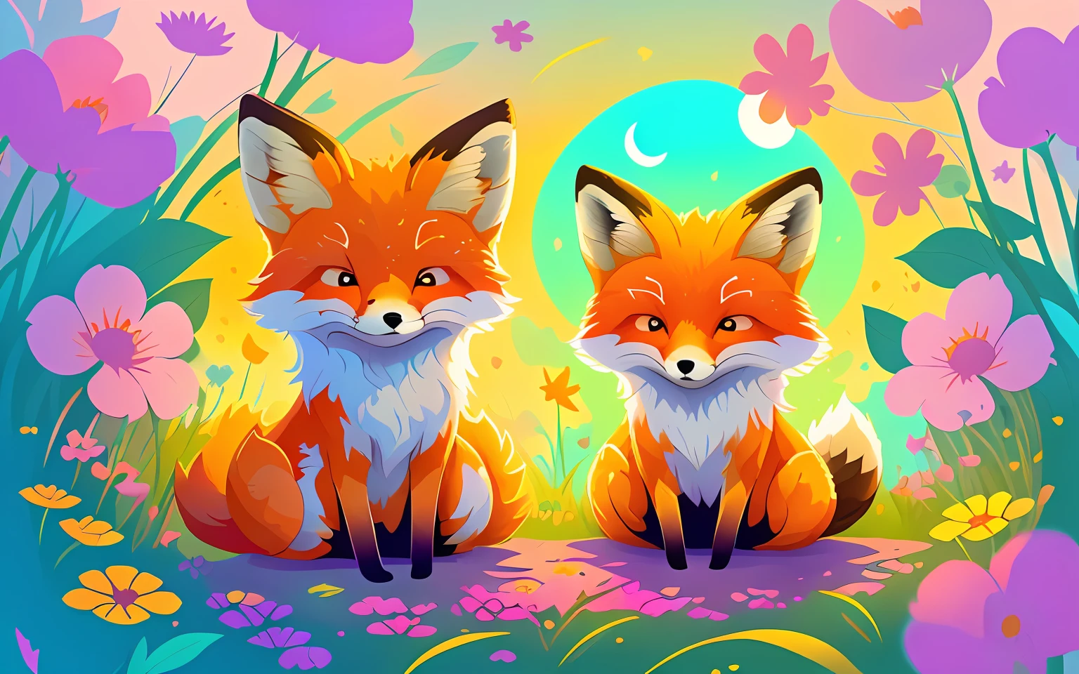 Vector art of a lonely cute happy fox sitting in a flower garden, brilhos, Colouring, quente, com sol e nuvens