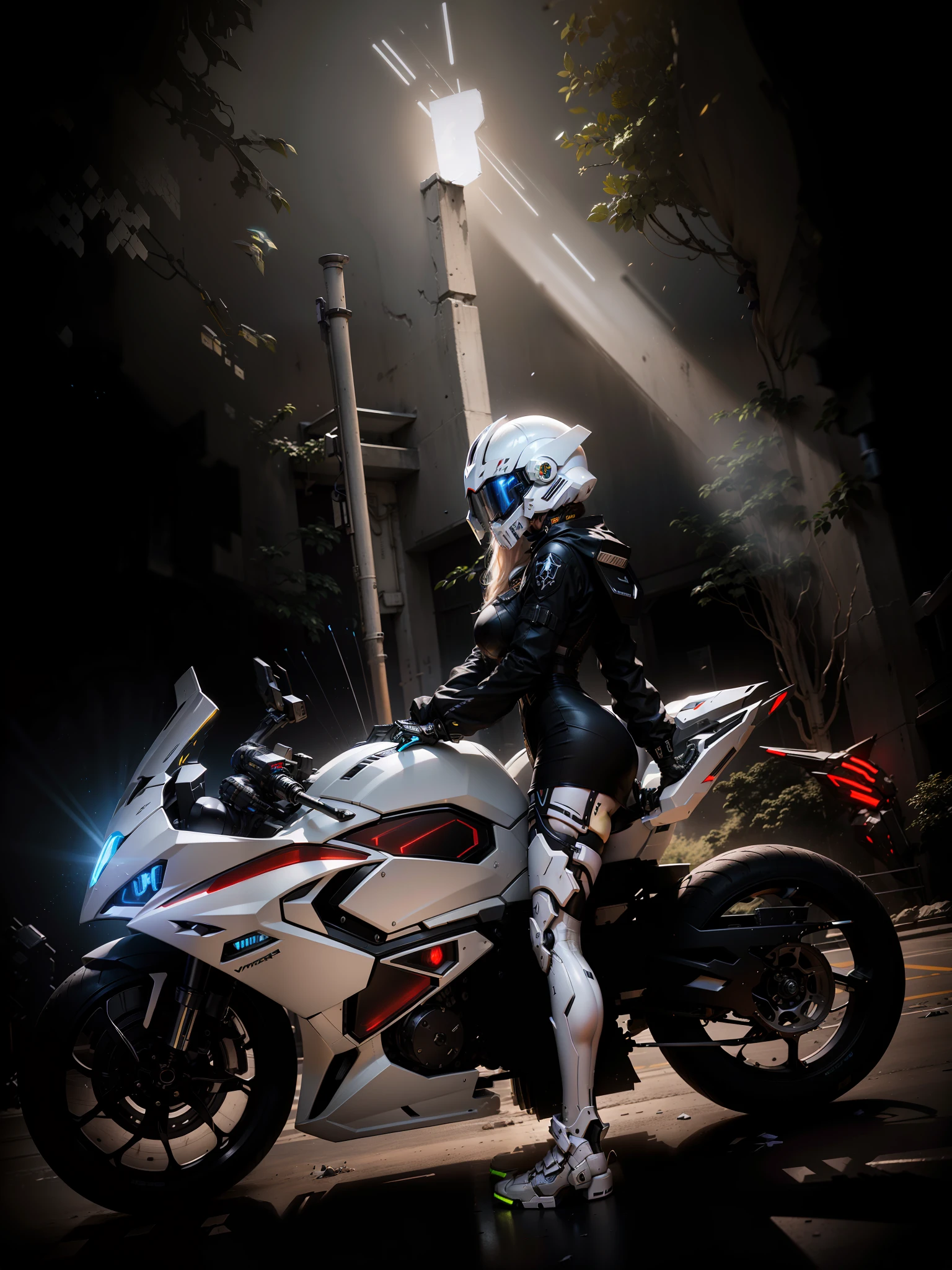 Sexy cyberpunk female knight，long white-blond hair，Black cyberpunk mech costume，High-tech white all-inclusive helmet，Biomechanicals， MSHN Robot Man，High-tech helmet，hyper realisitc， Steel， Complex design， insanely details， finely detailled， Extremely clear lines， cinmatic lighting， photograph realistic， A detailed masterpiece