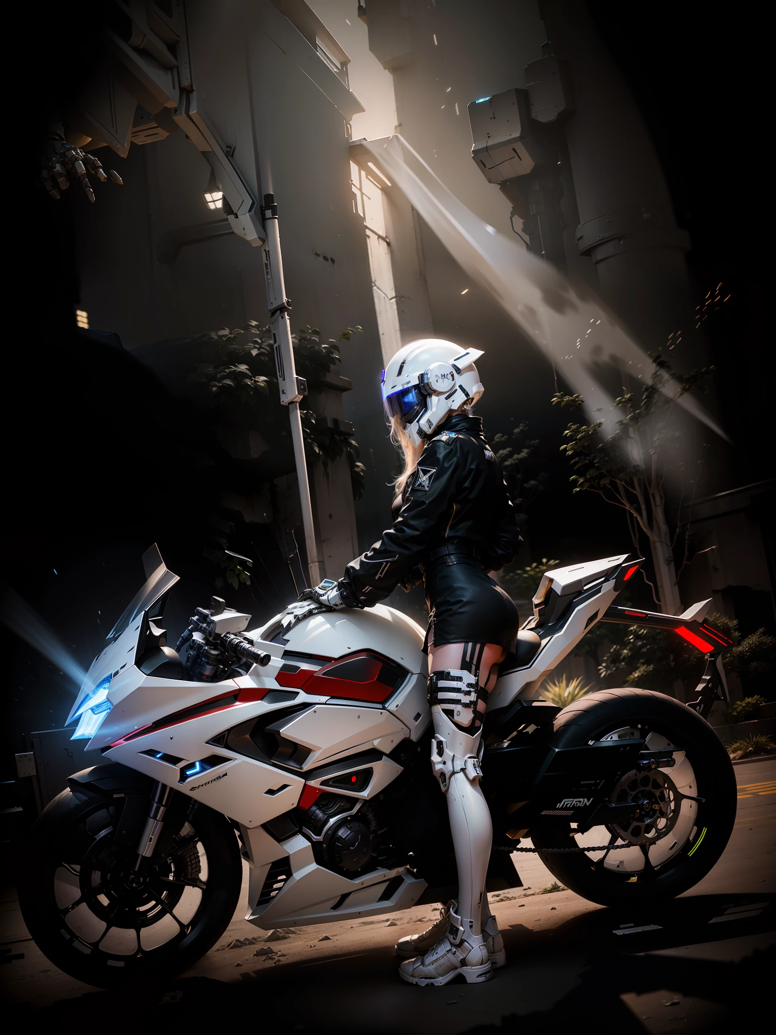 Sexy cyberpunk female knight,long white-blond hair,Black cyberpunk mech costume,High-tech white all-inclusive helmet,Biomechanicals, MSHN Robot Man,High-tech helmet,hyper realisitc, Steel, Complex design, insanely details, finely detailled, Extremely clear lines, cinmatic lighting, photograph realistic, A detailed masterpiece