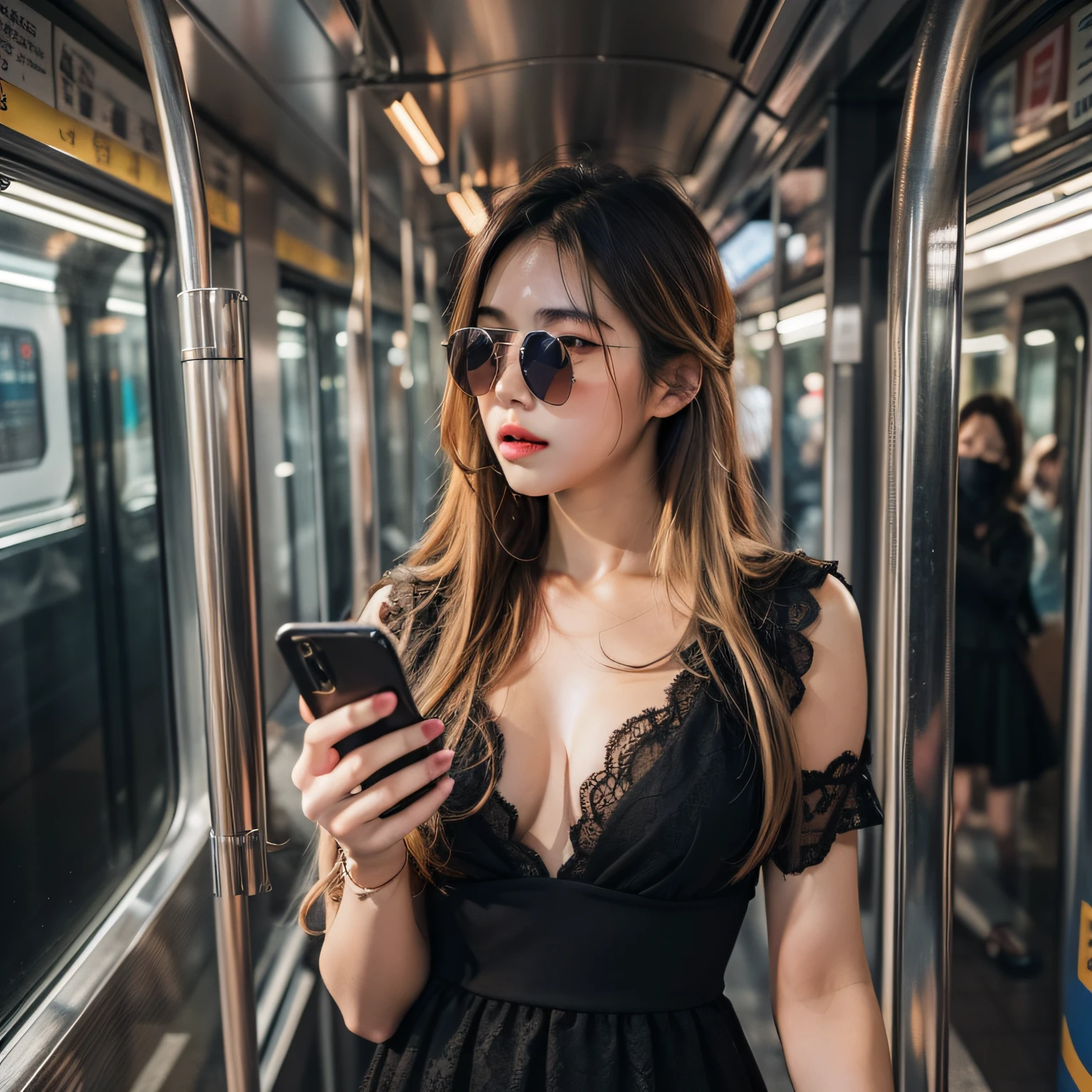 Japan woman with long hair with blonde highlights on brown hair、Sunglasses with black lenses、Stand on the railing of the train and cuddle、I'm looking at my phone for a moment.、Black dress with lace、 of the breast、Gween the dress and the chest、Trem lotado