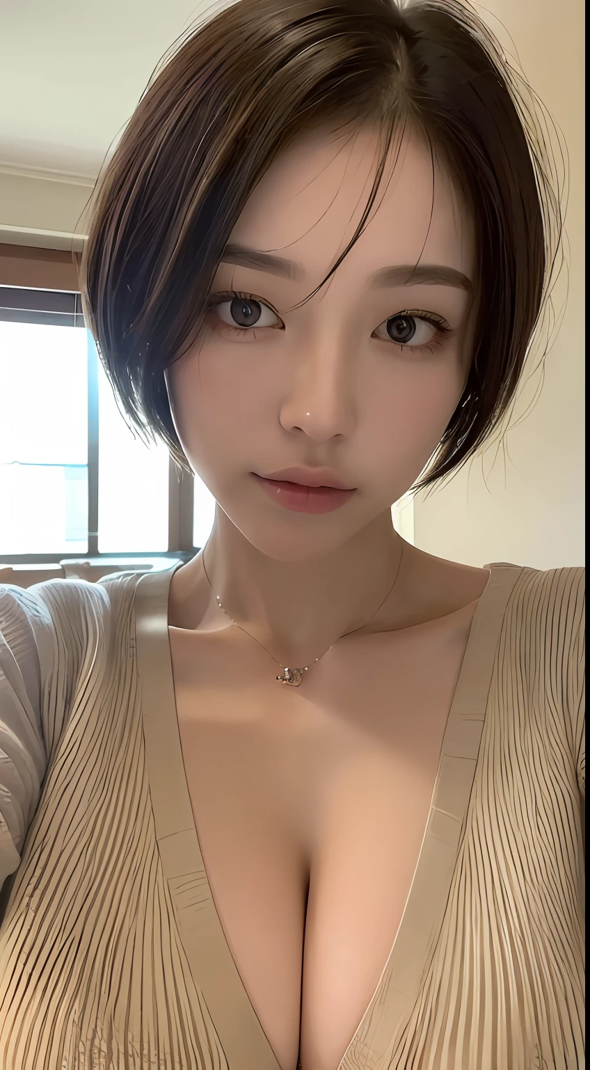 ((Best quality, 8k, Masterpiece :1.3)), 1girl, Pretty woman with slender abs :1.3, (Medium-short hair, Huge breasts :1.2), Cardigan :1.1, Ultra-detailed face, Detailed eyes, Double eyelid