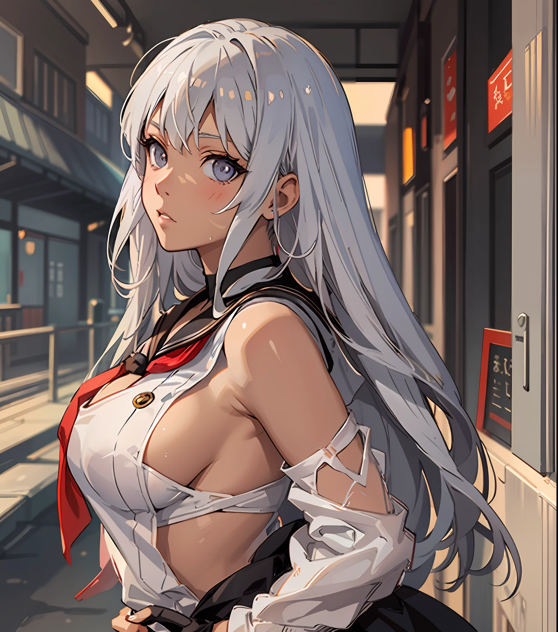 ((((masutepiece、top-quality、Long body、large full breasts、Brown skin color、perspiring、a sailor suit))))、Silvery hair、verd s eyes、(((Pose with emphasis on the chest)))、(((((Black skin))))),((((darkskin)))),((sun burn)),Whole human body、(((Shyness)))、Realistic skin type、an anime girl、Detailed Digital Anime Art、A seductive anime girl、extremely detailed art germ、a hyperrealistic schoolgirl、Ilyakukvshinov、Smooth Anime CG Art、Ultra Realistic Woman、ig model、ArtGerm、Photorealistic anime girl rendering、digital anime art