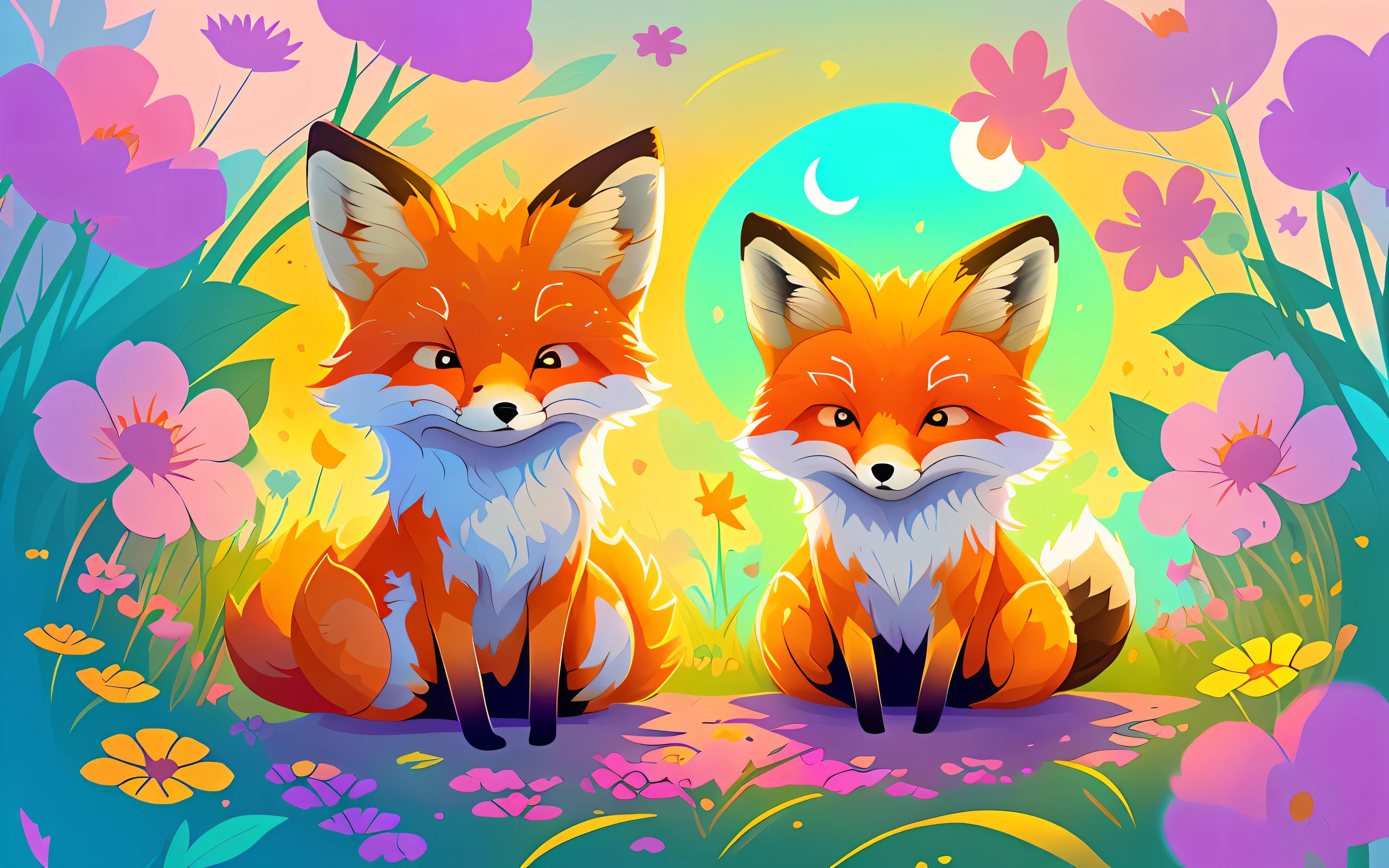 Vector art of a lonely cute happy fox sitting in a flower garden, brilhos, Colouring, quente, com sol e nuvens