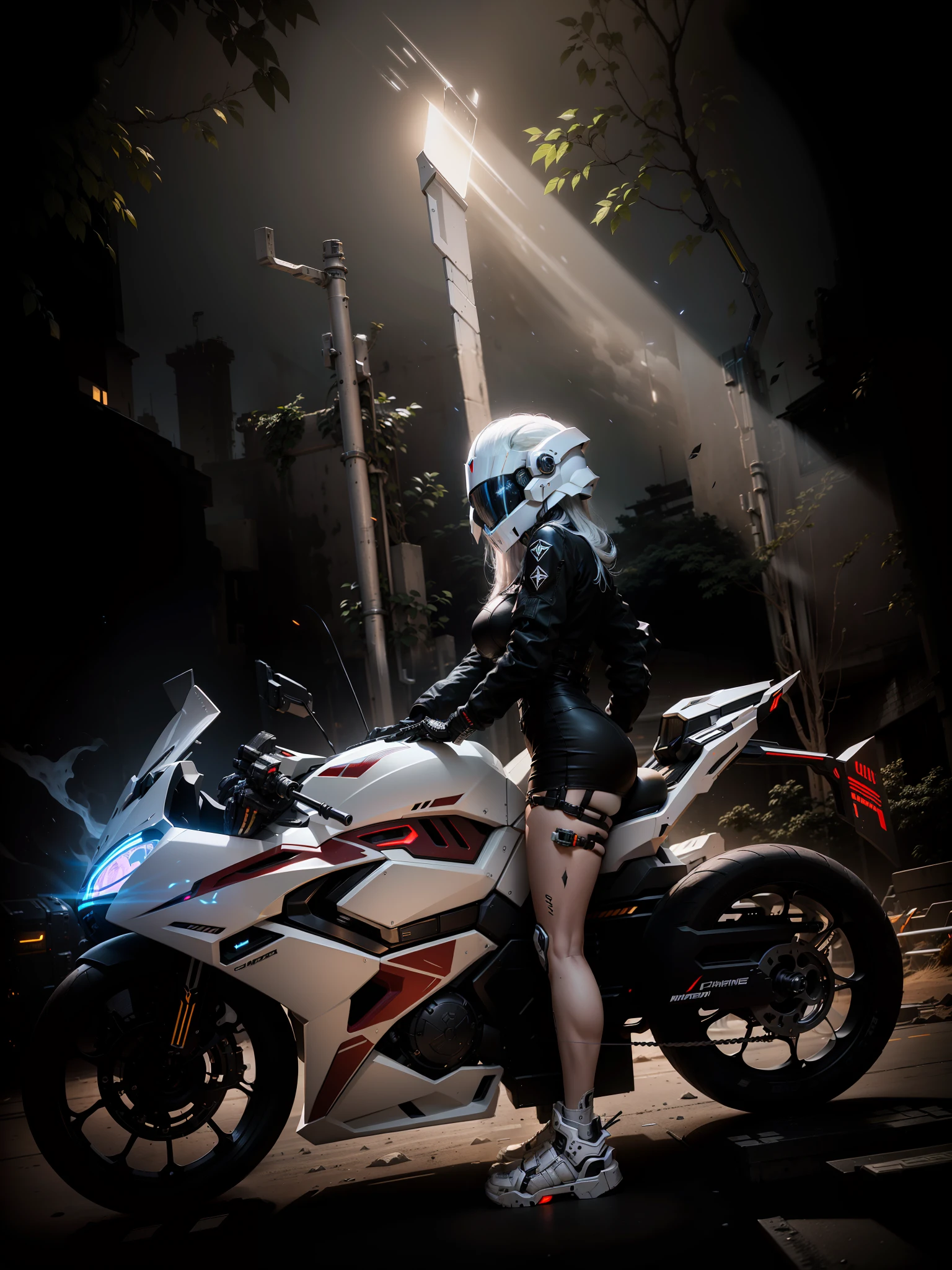 Sexy cyberpunk female knight,long white hair,Black cyberpunk mech costume,High-tech white all-inclusive helmet,Biomechanicals, MSHN Robot Man,High-tech helmet,hyper realisitc, Steel, Complex design, insanely details, finely detailled, Extremely clear lines, cinmatic lighting, photograph realistic, A detailed masterpiece