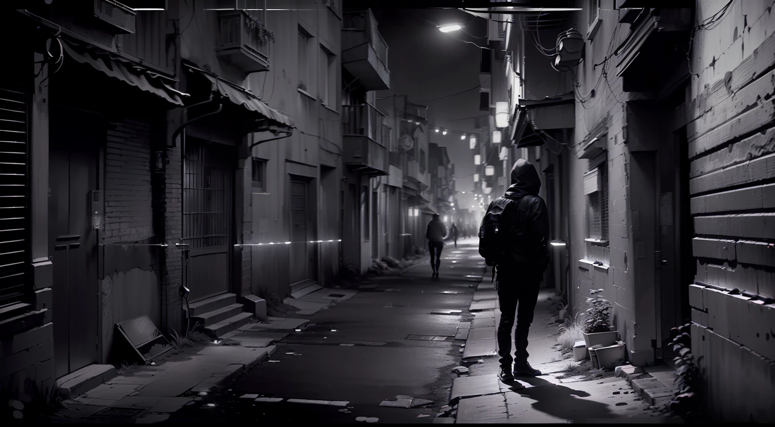 (
(Background: dark alley at night:1.3, intense urban lights in background, black and white color scheme:1.3)
(Style: ((masterpiece:1.5)), (face detailed), photo-realistic:1.3, hyperrealistic, film grain, realistic lighting)
)