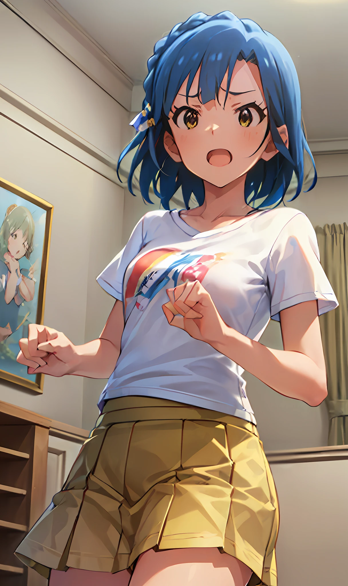 yuriko nanao (million live). Short stature. (((white t-shirts))).(((Skirt))).(((masterpiece))).(((best quality))).((Ultra-detailed))).(((illustratio))). (((fighting stance))).(((a room))).(((make a fist))).(((up chest))).Despair face.(((short-hair))).((big breasts)).((Opening Mouth)).