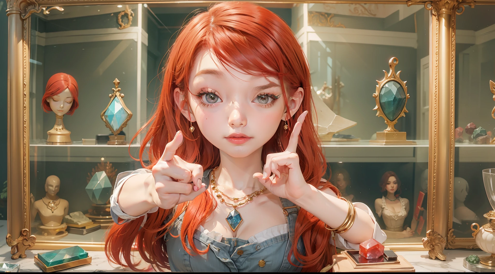 A pretty girl with red hair, in a gemstone shop, with two fingers raised in a v-shape and the other three fingers closed