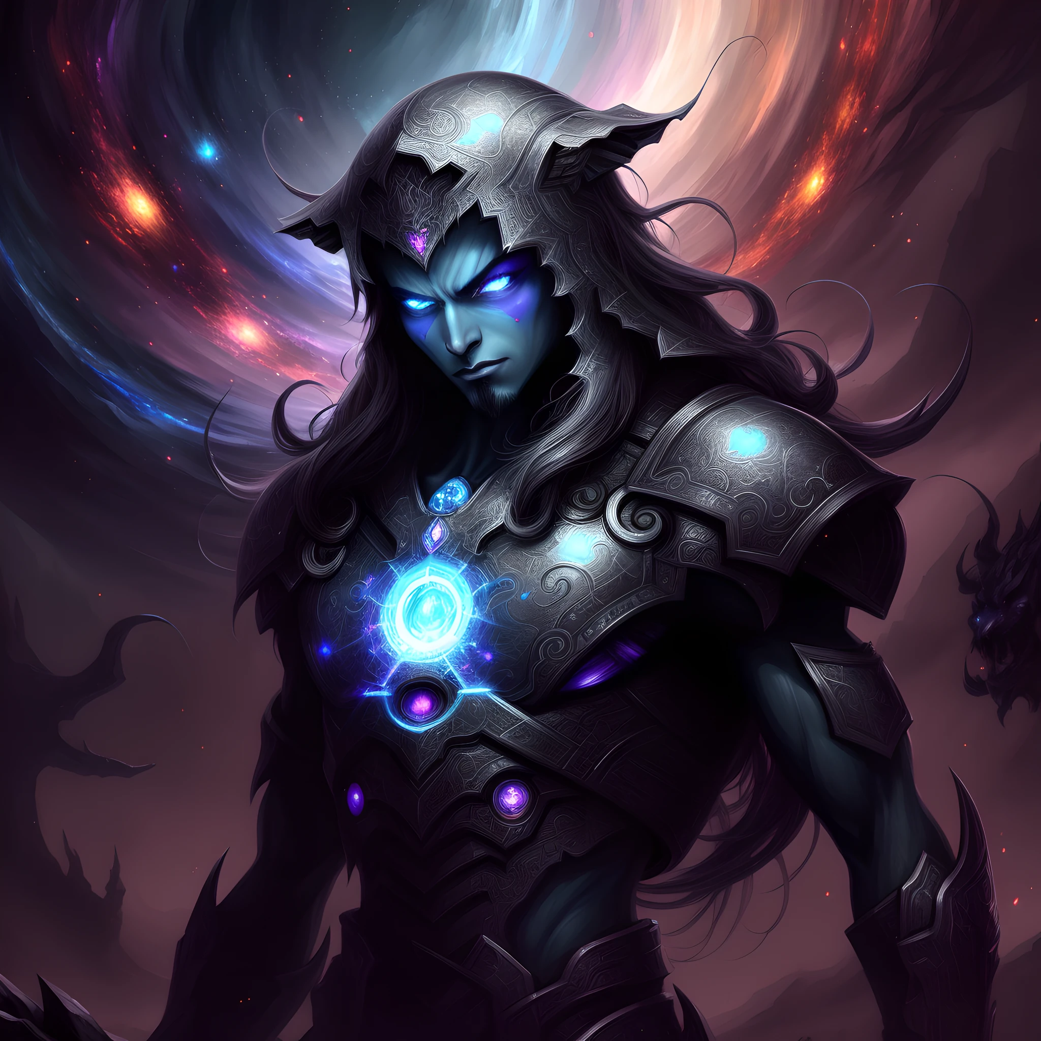 Un hombre con una cabeza con cuernos y una cara brillante se para frente a un cielo oscuro, epic fantasy digital art style, Epic Fantasy Art Style HD, epic fantasy sci fi illustration, epic scifi fantasy art, epic fantasy art style, 4K fantasy art, Detailed 2D Digital Fantasy Art, symmetrical epic fantasy art, digital 2d fantasy art, detailed fantasy digital art