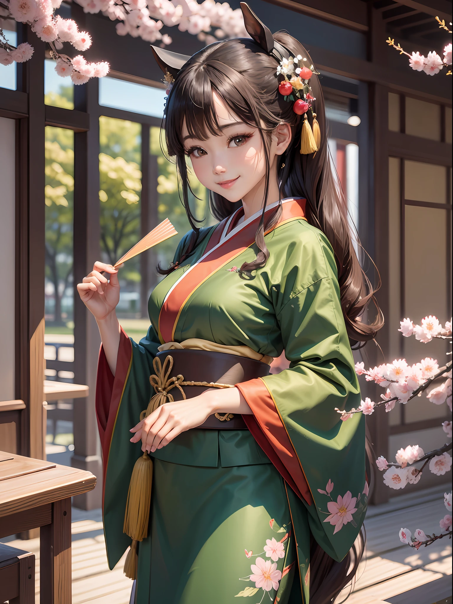 1girll, quadratic element, oil painted, 独奏, Asian girl, full bodyesbian, dual horsetail, Sweet smile, Red fluttering face, At the student festival in Tokyo, in a kimono, Take a fan, Scene of cherry blossoms flying, Dutch Golden Age painting, Verism, chromatic aberration abuse, silhouette, UHD, masterpiece, ccurate, highres, 16k, super detail, high details, high quality