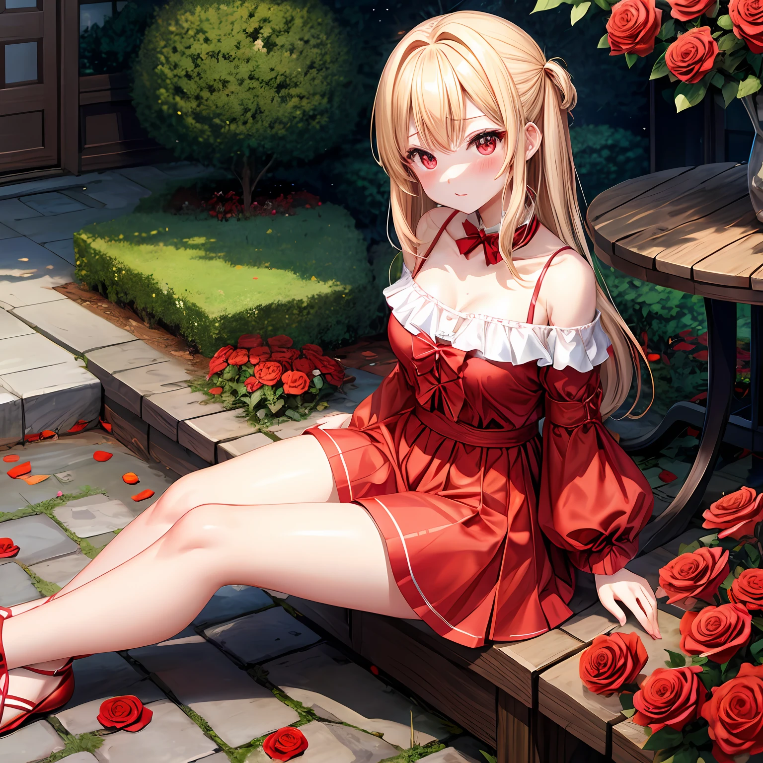 a blond、red eyes、One girl、kawaii、animesque、Bright red dress、off shoulders、a miniskirt、red blush、Bright red rose garden、sitting on