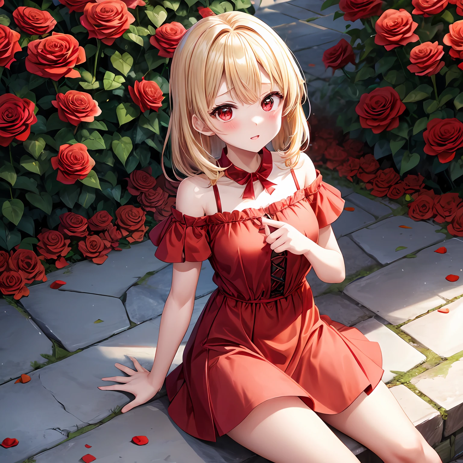 a blond、red eyes、One girl、kawaii、animesque、Bright red dress、off shoulders、a miniskirt、red blush、Bright red rose garden、sitting on