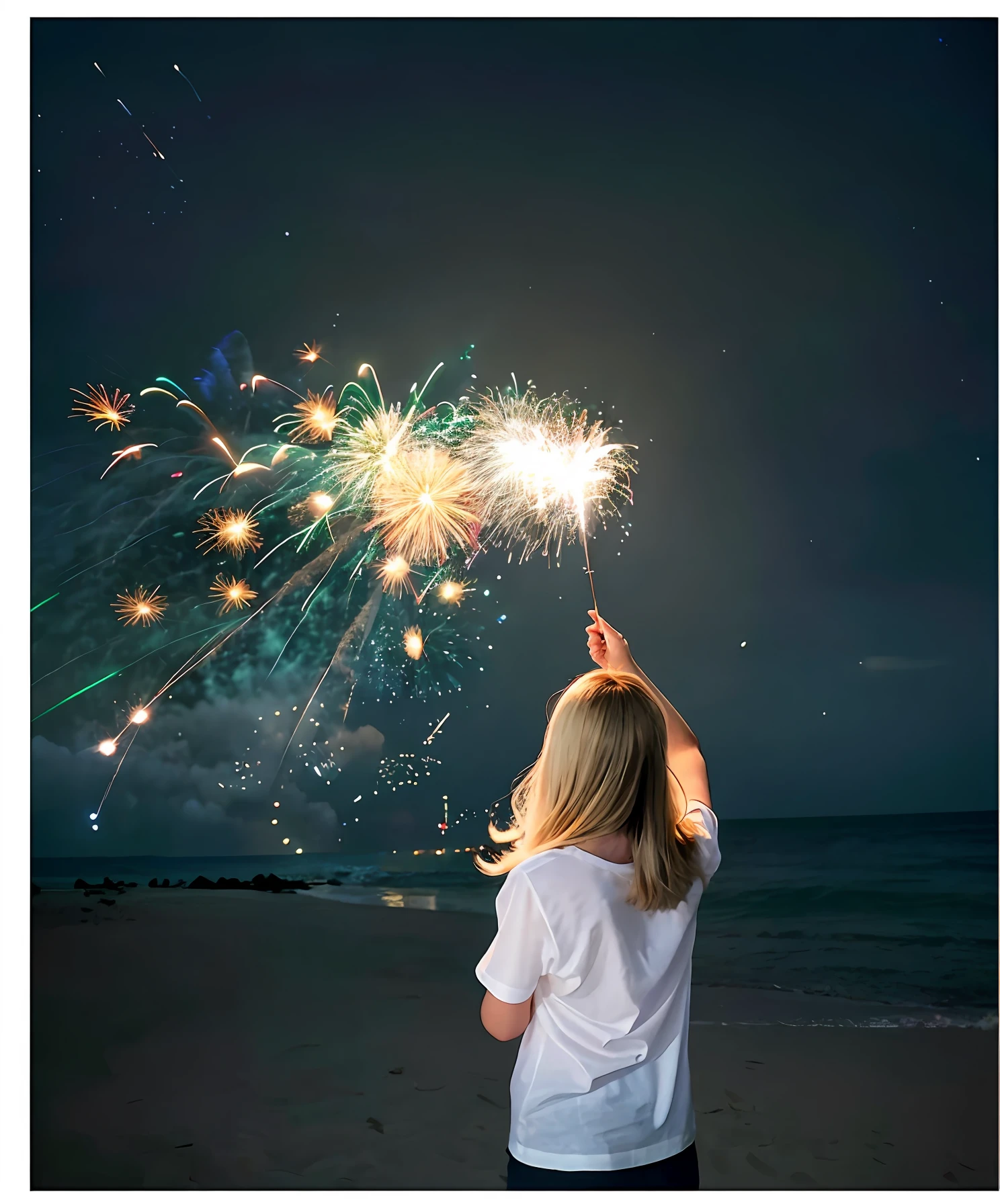 （Grab fireworks with your thumb and forefinger:1.8）、（hight resolution:1.8）、Beach、sand beach、Wear a white T-shirt、Allalin woman holding sparklers in the dark on black background, by Brandon Woelfel, sparklers, sparklers, by Niko Henrichon, magic sparks, Fireworks, Aerial twinkle, by Emma Andijewska, Sparks fly, by Daniel Lieske, by Amelia Peraes, Torches and fireflies, by Anna Haifisch、Shooting from behind、Backshots、