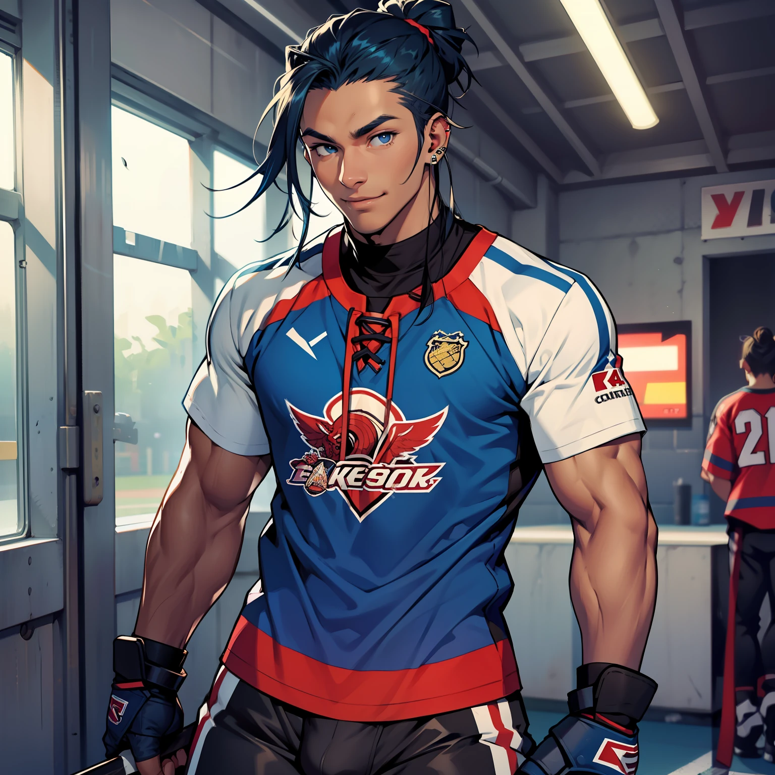 I stand at about 5'11", broad shoulders, toned abs, thick thighs... sorry, did I mention I do hockey? I'm pretty good at that too. Anyway, I look pretty much how you'd expect a hockey player to look. Olive skin, long dark blue hair, and striking blue eyes. I usually try to dress somewhat conservatively, but it's hard to hide the goods, you know. handsome male, big bulge in pants, dark skin, piercings, hair in man bun, charming smile