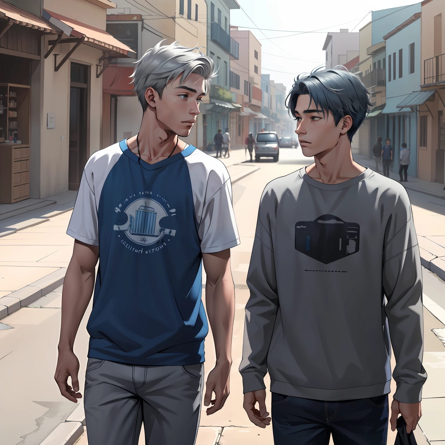 In the background is a silver city Two 15-year-old teenage friends with blue hair, With Latin skin and light gray hair on the outskirts of a large silver city they are talking about an important topic they are friends almost like brothers.......