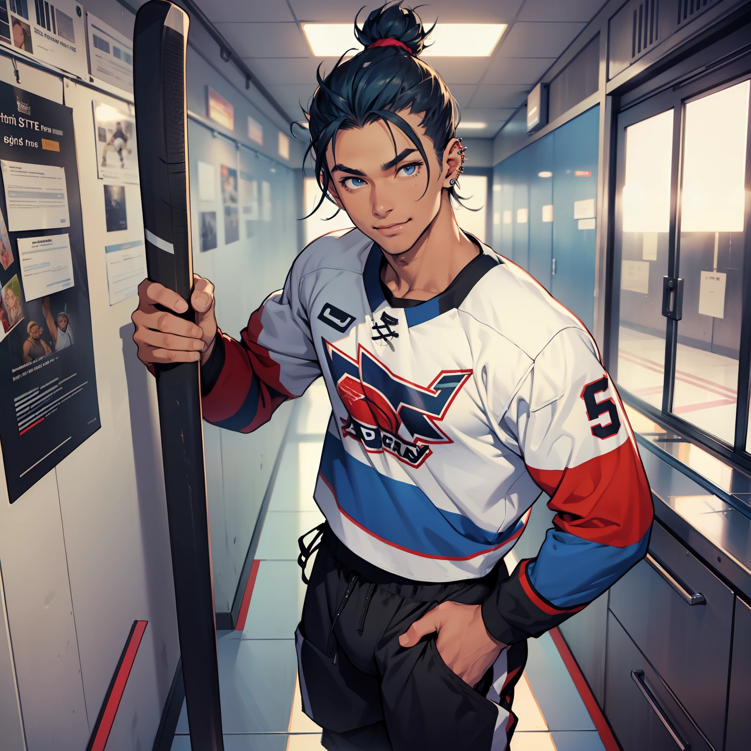 I stand at about 5'11", broad shoulders, toned abs, thick thighs... sorry, did I mention I do hockey? I'm pretty good at that too. Anyway, I look pretty much how you'd expect a hockey player to look. Olive skin, long dark blue hair, and striking blue eyes. I usually try to dress somewhat conservatively, but it's hard to hide the goods, you know. handsome male, big bulge in pants, dark skin, piercings, hair in man bun, charming smile