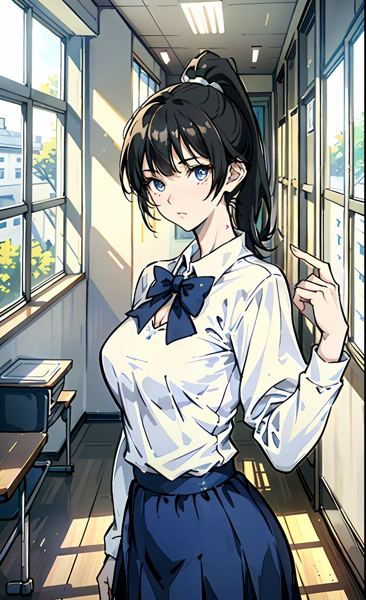 Black hair short ponytail girl，largeeyes，Whiter wheat-colored skin，petty face，Lori huge breasts cleavage，Blue and white school uniform，Background modern classroom corridor，The midday sun shines through the window，