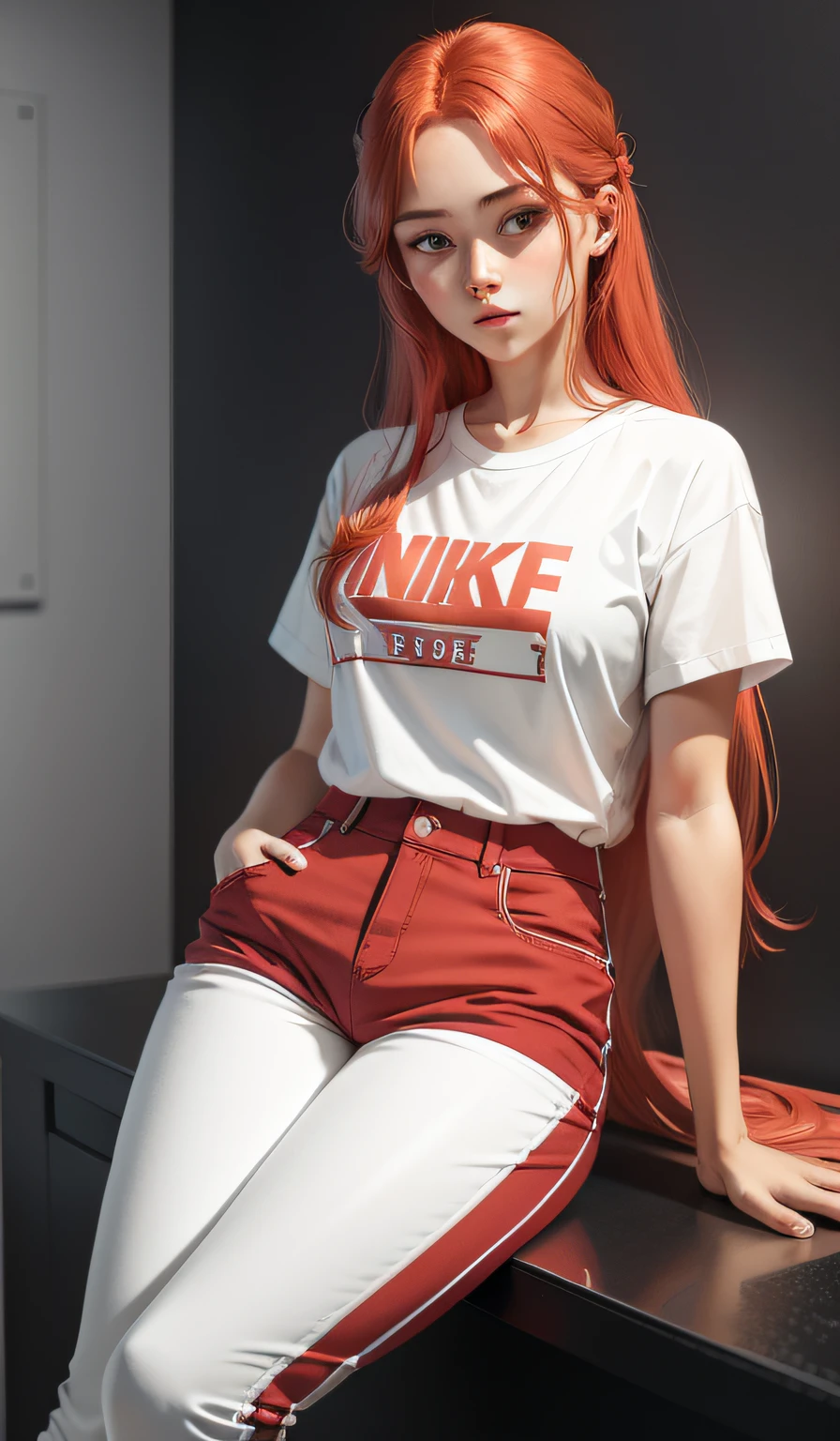 a woman in a white shirt and red pants is playing video game, simple style, wearing elegant casual clothes, muted red, simple clothes, milk and red style, casual clothing style, modern fashion outfit, wearing a fisher , casual modern clothing, inspo, red clothes, red pants, neutral tones, rred and white color scheme, casual business outfit, scary face, nike shoes, 22 years old, adult face, long hair, ((red hair))