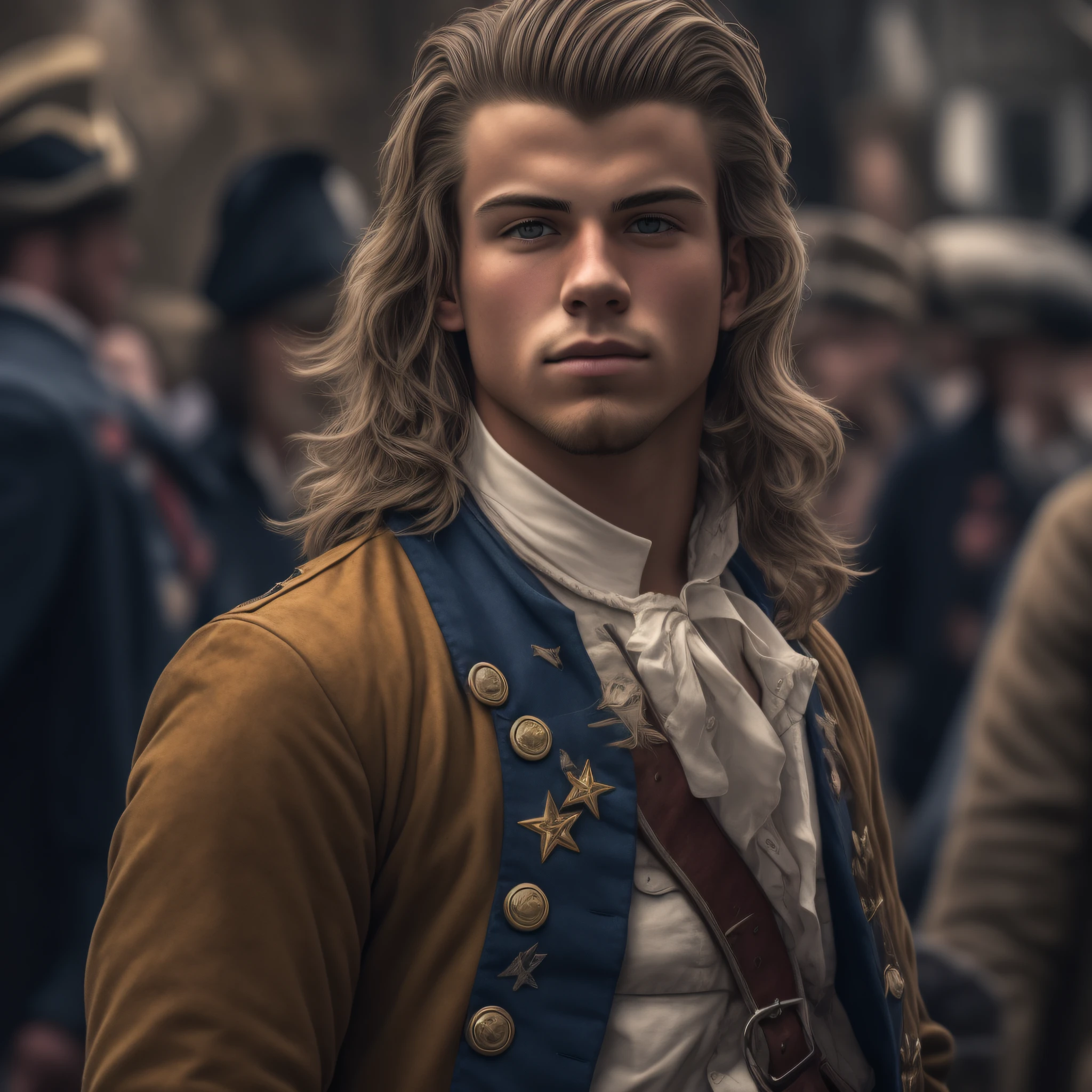 An 18-year-old boy frat bro, embodying the perfect fusion of Joey Lawrence and Cody Calafiore with long hair, exuding an aura of strength and confidence. Enhanced with HDR technology, this image depicts a true masterpiece, 4K resolution, revolutionary war vibes, The patriot, 1776