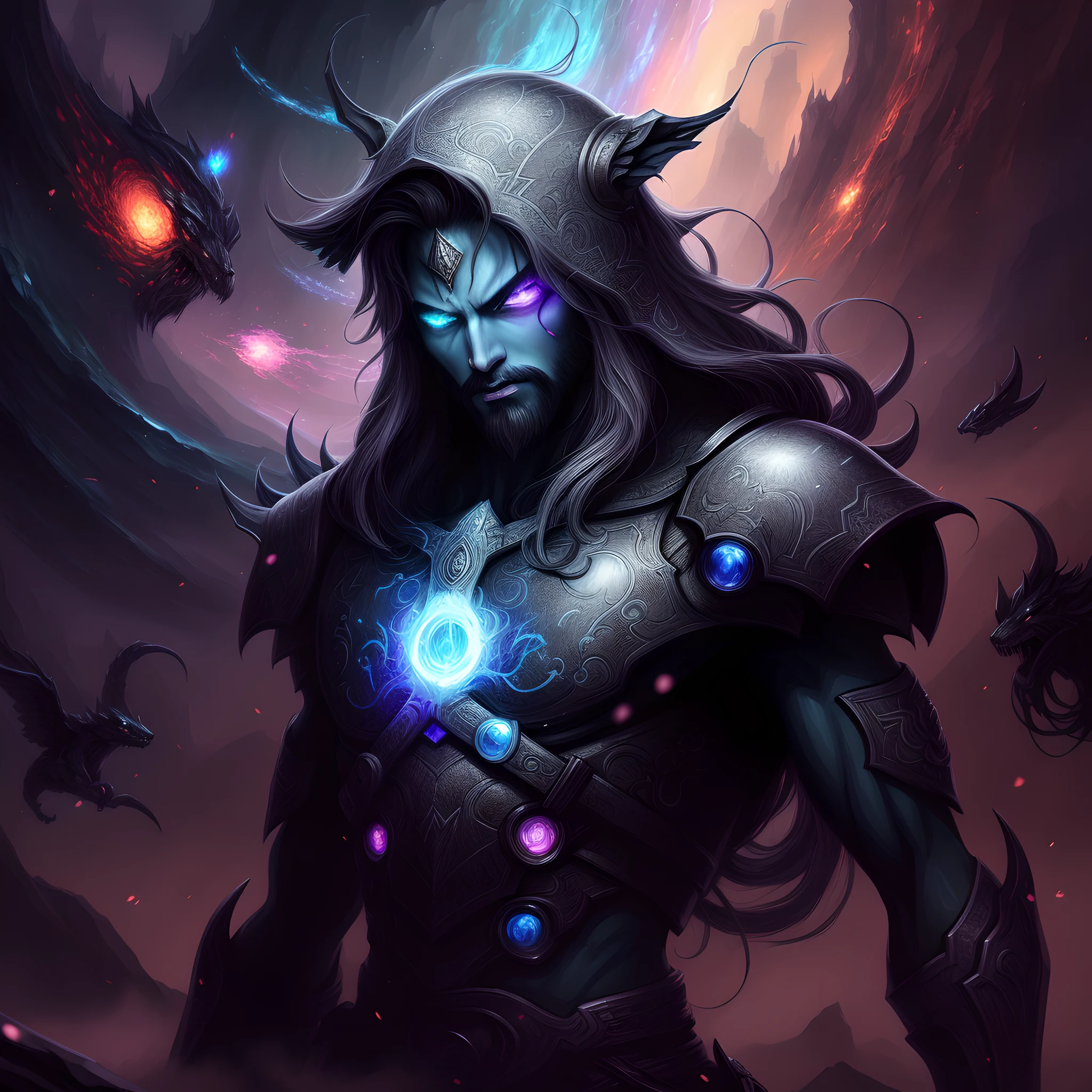 Un hombre con una cabeza con cuernos y una cara brillante se para frente a un cielo oscuro, epic fantasy digital art style, Epic Fantasy Art Style HD, epic fantasy sci fi illustration, epic scifi fantasy art, epic fantasy art style, 4K fantasy art, Detailed 2D Digital Fantasy Art, symmetrical epic fantasy art, digital 2d fantasy art, detailed fantasy digital art