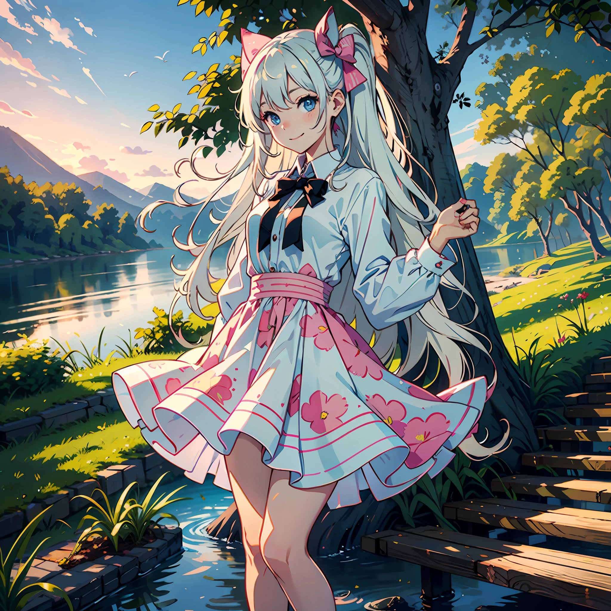 Best quality, very detailed, gradient sky, dusk, horizon, reflection, water, lake, forest, ray tracing, extreme quality, wallpaper, smiling, long white hair, small yellow star on right side, large pink bow behind head, dull hair, pink tie, white patterned shirt, pink dress with white bow on top of sleeve, blue eyes, long hair, single, cute, one girl, full body Superb wide-angle.