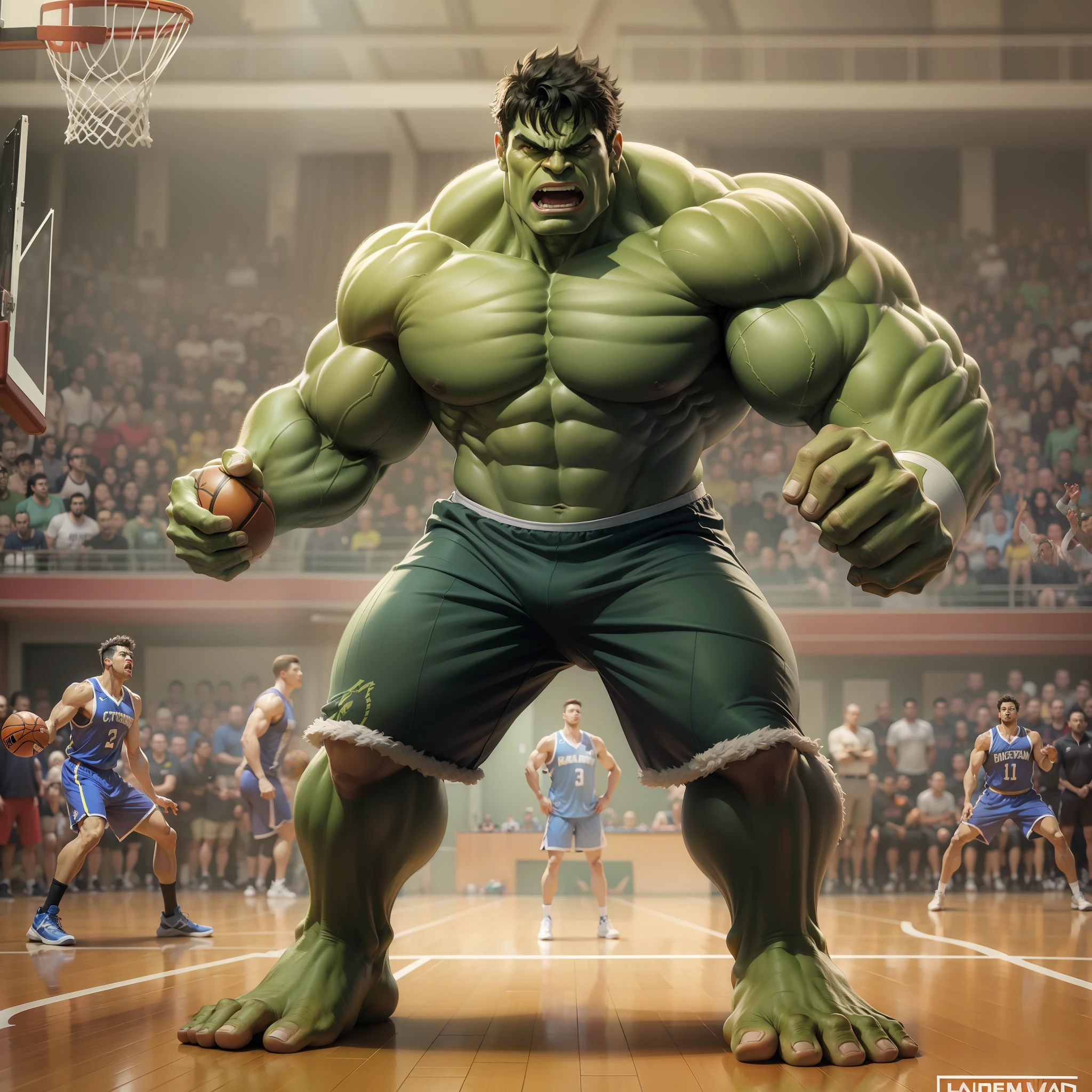 In this exciting promotion, We are introduced to a unique and unexpected scene: o poderoso Hulk da Marvel ( filme ) jogando basquete em uma quadra de basquete. The image begins with Hulk in all his grandeur, Standing in the center of the court. He's dressed in a custom basketball T-shirt, that stretches to fit your muscular physique. Com cada movimento, the court shakes under the force of the Hulk. He holds the basketball with a colossal hand, ready to make an epic pitch.