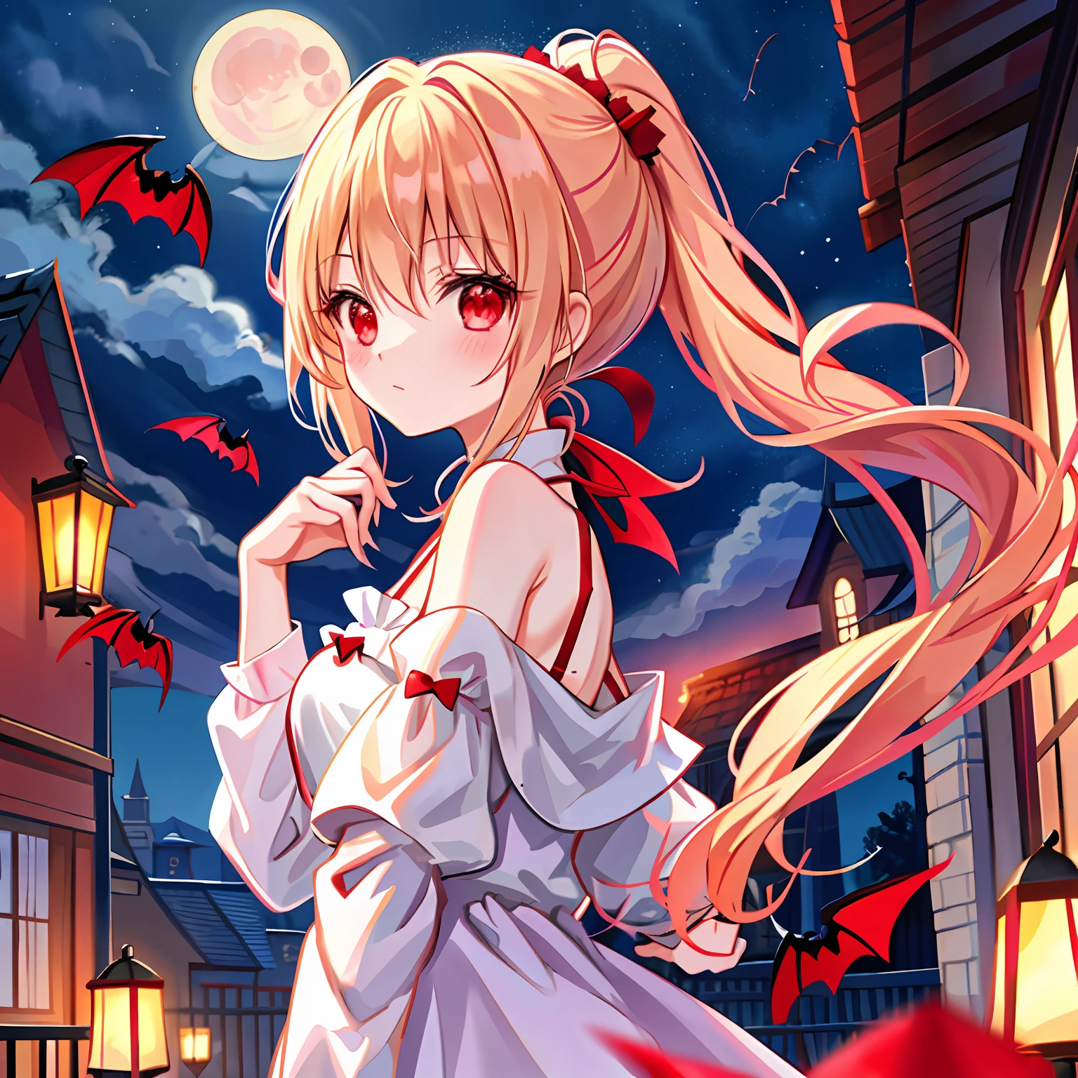 red blush、blonde hair、poneyTail、red eyes、Beautiful girl alone、animesque、独奏、lonely、Vampires、the bats、a moon、natta、doress、off shoulders