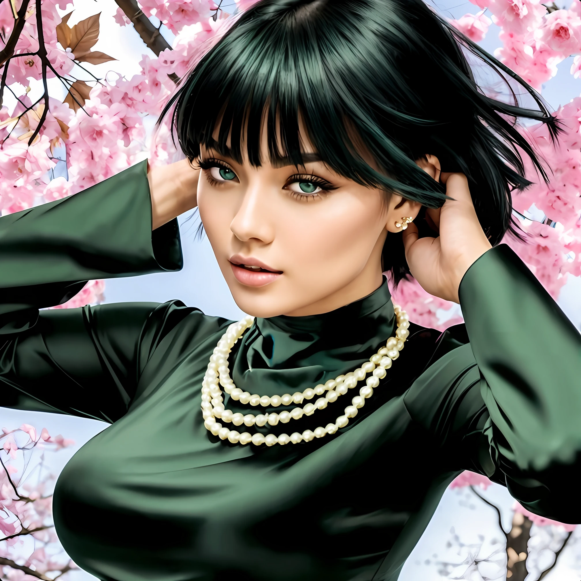 Dark green clothing of her dress