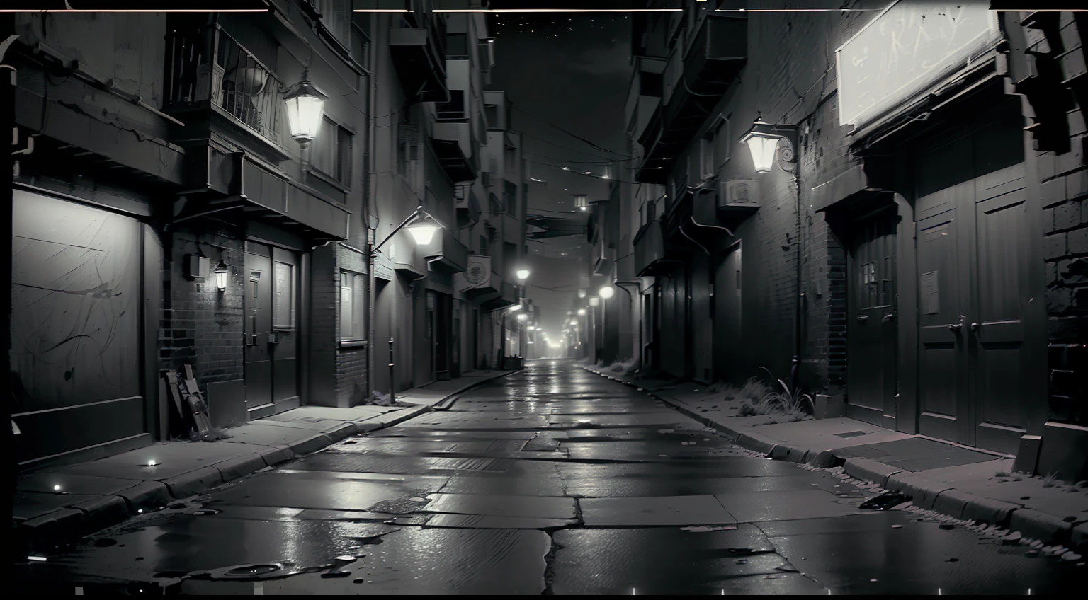 (
(Background: dark alley at night:1.3, intense urban lights in background, black and white color scheme:1.3)
(Style: ((masterpiece:1.5)), (face detailed), photo-realistic:1.3, hyperrealistic, film grain, realistic lighting)
)