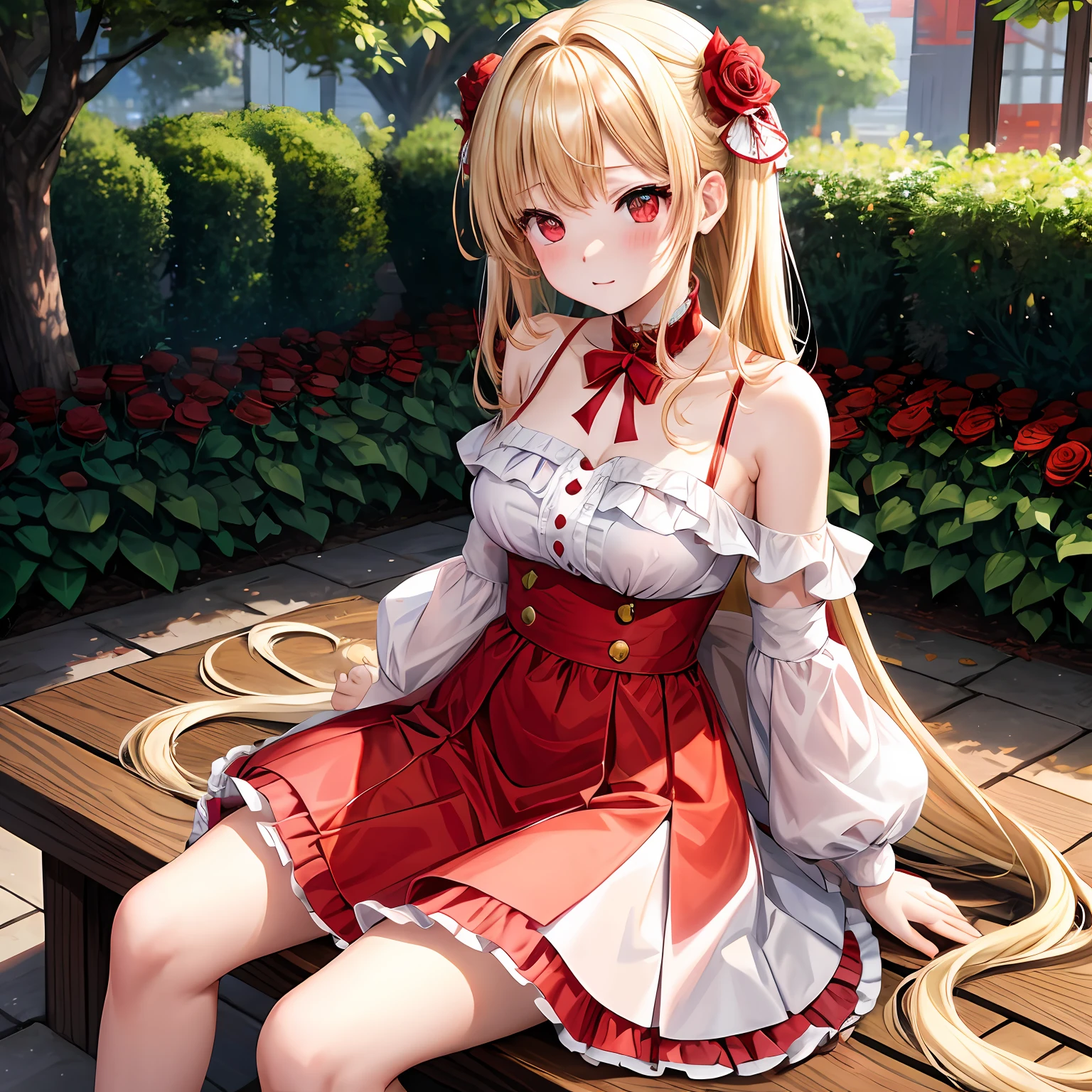 a blond、red eyes、One girl、kawaii、animesque、Red and white dress、off shoulders、a miniskirt、red blush、Bright red rose garden、sitting on