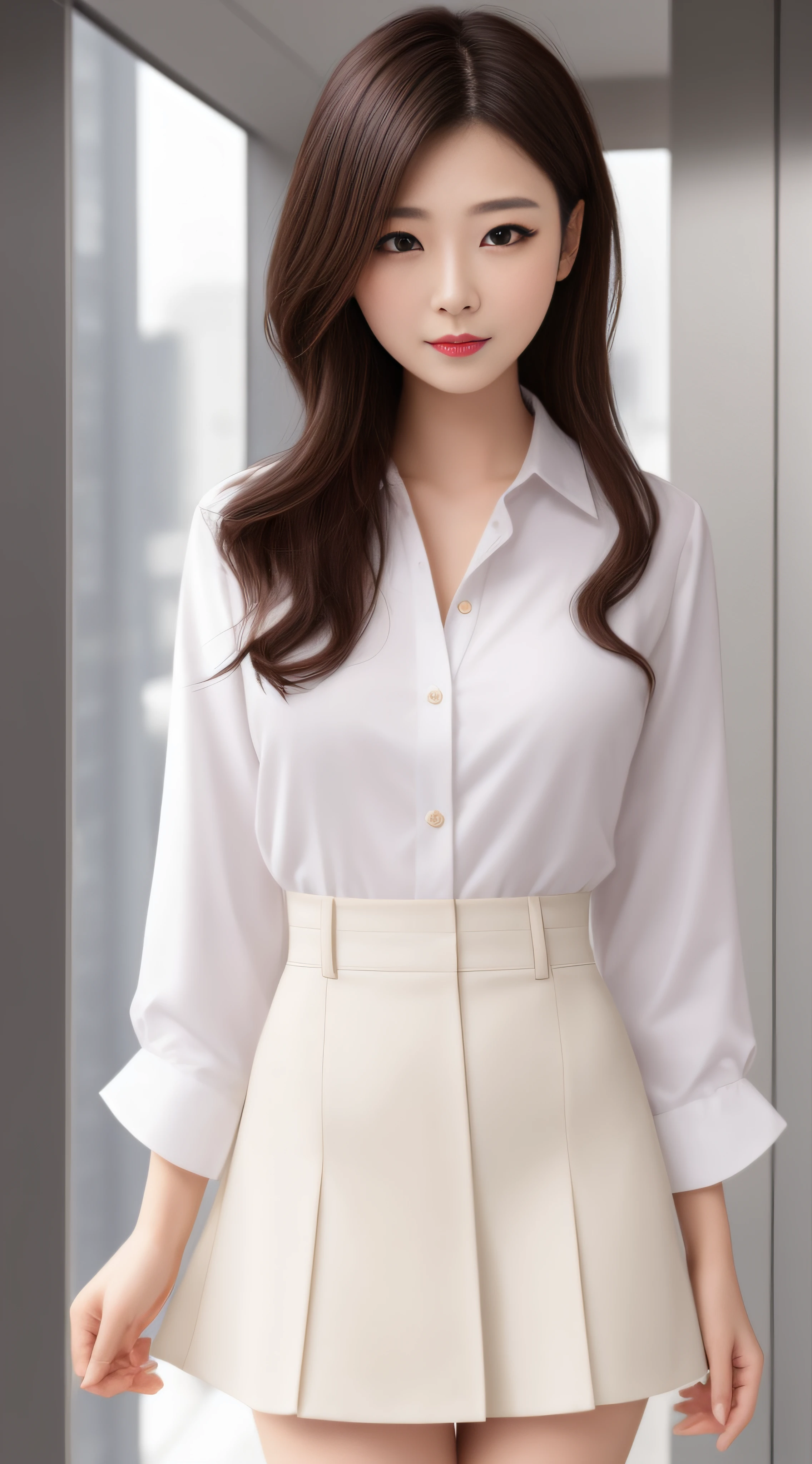 (Best quality, High resolution, Masterpiece :1.3), A tall and pretty woman, Slender abs, Dark brown hair styled in loose waves, Breasts, White button up shirt, Black pleated skirt, (Modern architecture in background), Details exquisitely rendered in the face and skin texture, Detailed eyes, Double eyelid