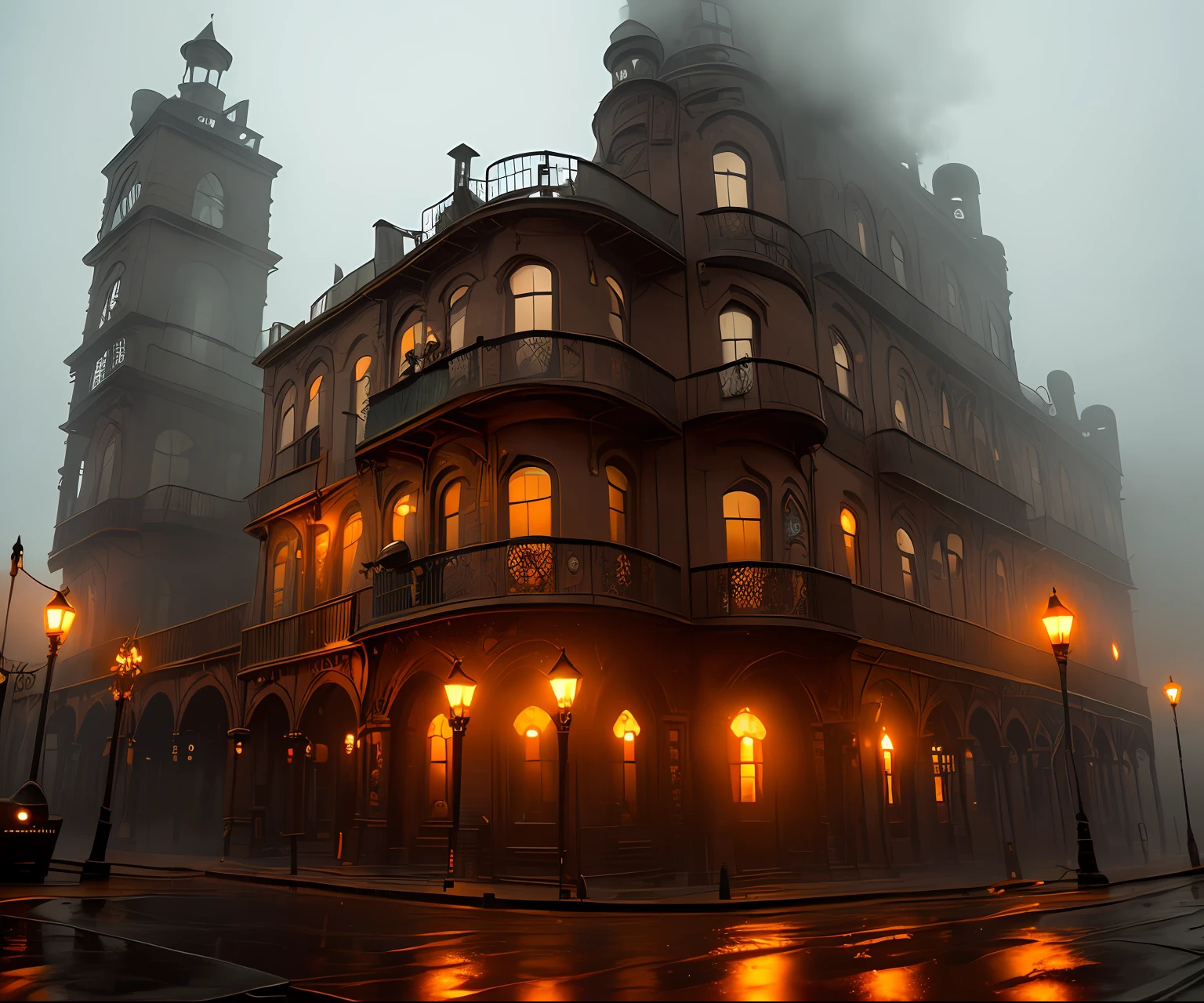 Cinematic film still, steampunk city, Steampunk architecture, victorian age, foggy and rain, unreal engine, raytracing, haze, sandstorm, RAW photo, hyper real photo, 8k uhd, dslr, natural lighting, high quality, film grain, Fujifilm XT3, hyper-realistic, colorgraded, volumetric lighting, volumetric fog,