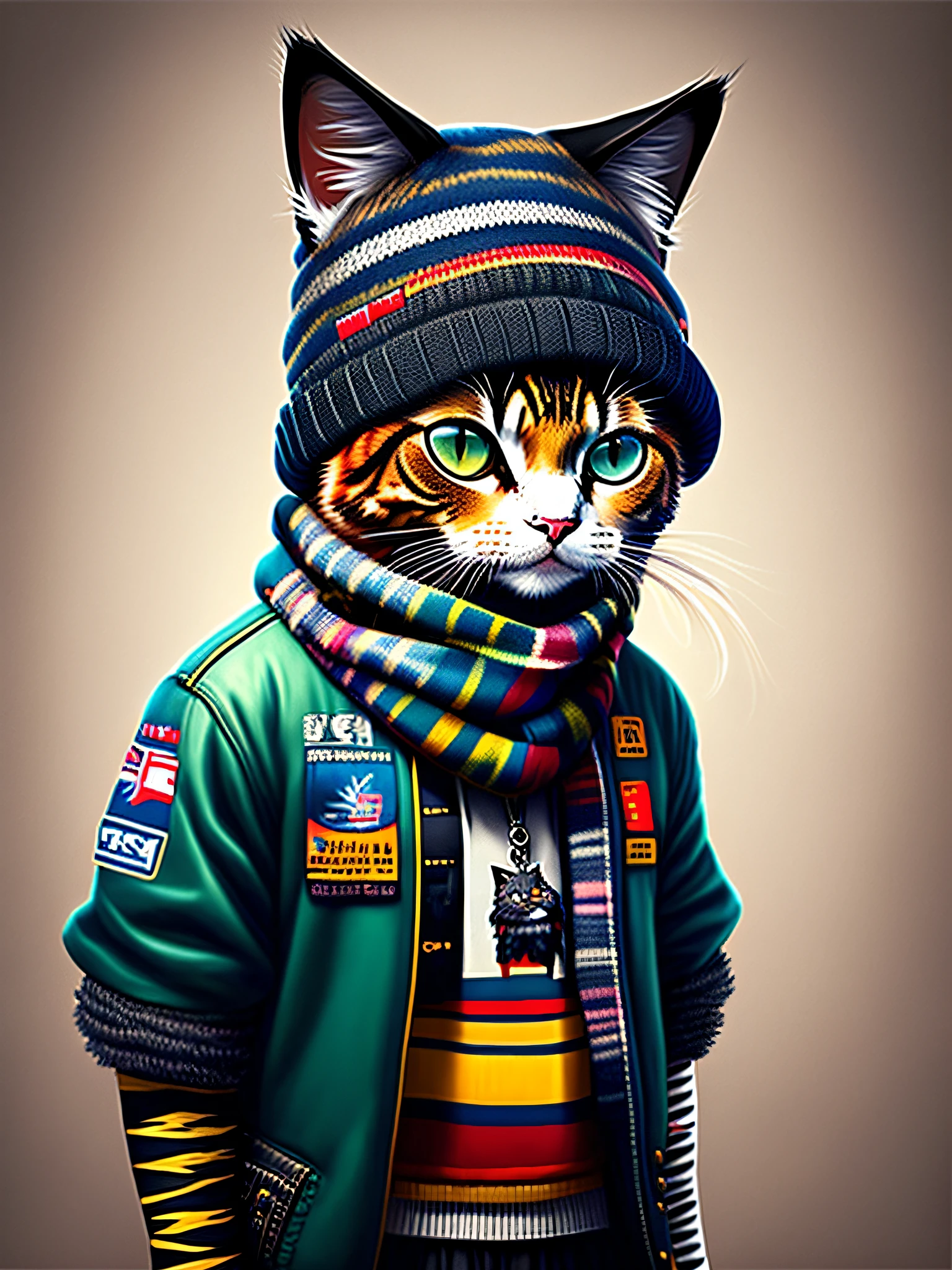 a painting of a cat wearing a hat and scarf, trending in the art station, dressed in punk clothes, detailed hyper realistic rendering, british gang member, street style, intimidating pose, planet of the cats, clothes with fashion, urban samurai, meow, west slavic features, 8 1 5