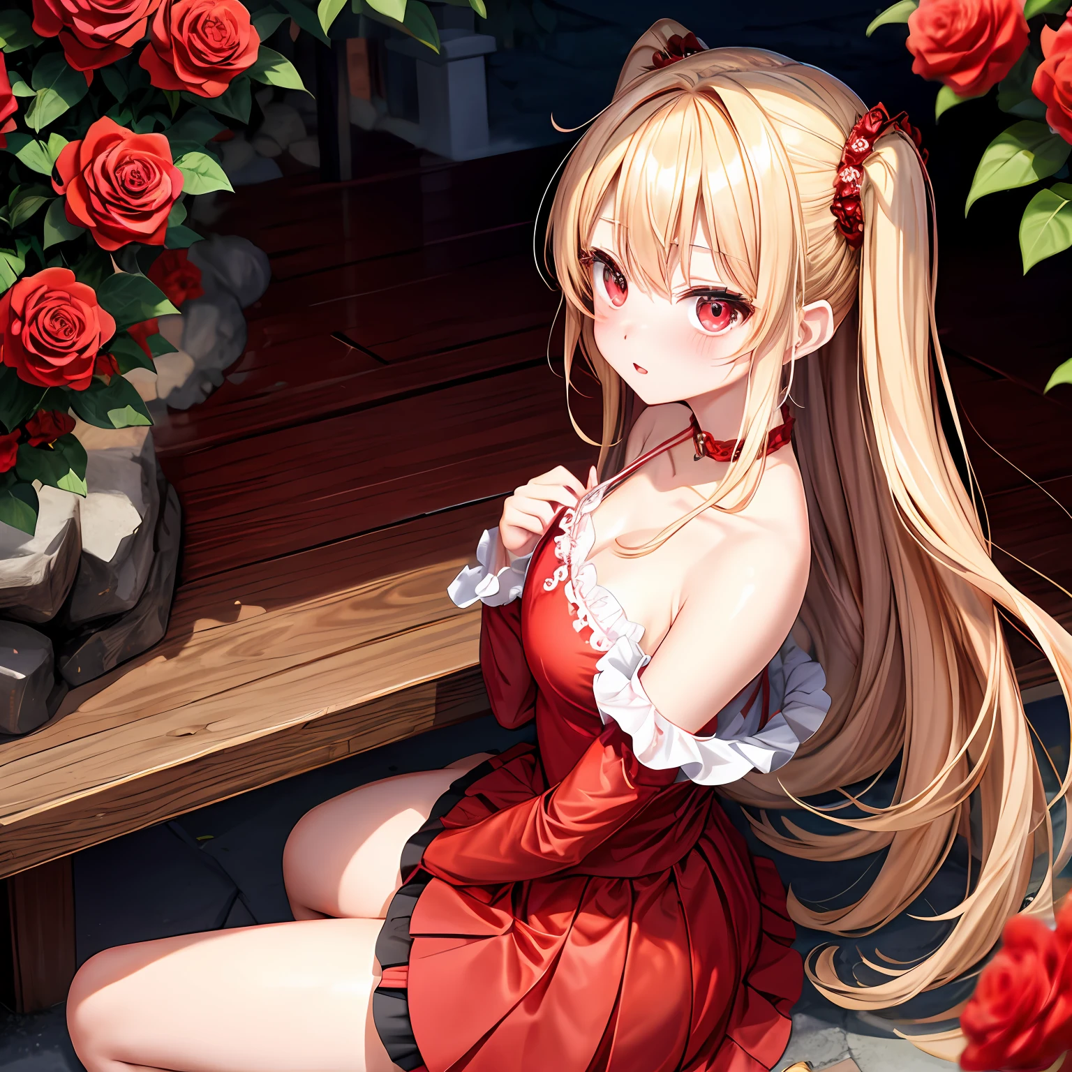 a blond、red eyes、One girl、kawaii、animesque、Red and black dress、off shoulders、a miniskirt、red blush、Bright red rose garden、sitting on
