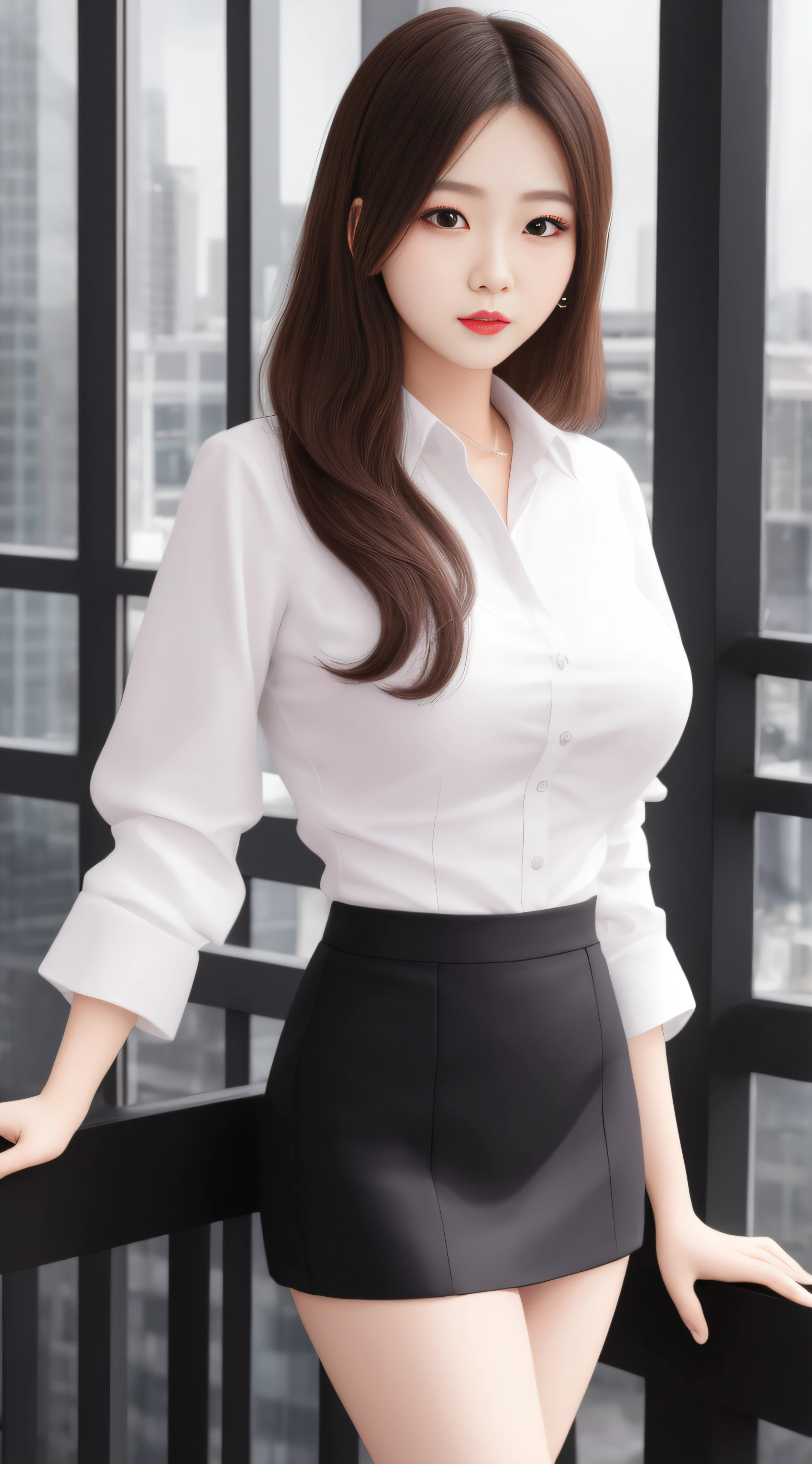 (Best quality, High resolution, Masterpiece :1.3), A tall and pretty woman, Slender abs, Dark brown hair styled in loose waves, Breasts, White button up shirt, Black pleated skirt, (Modern architecture in background), Details exquisitely rendered in the face and skin texture, Detailed eyes, Double eyelid