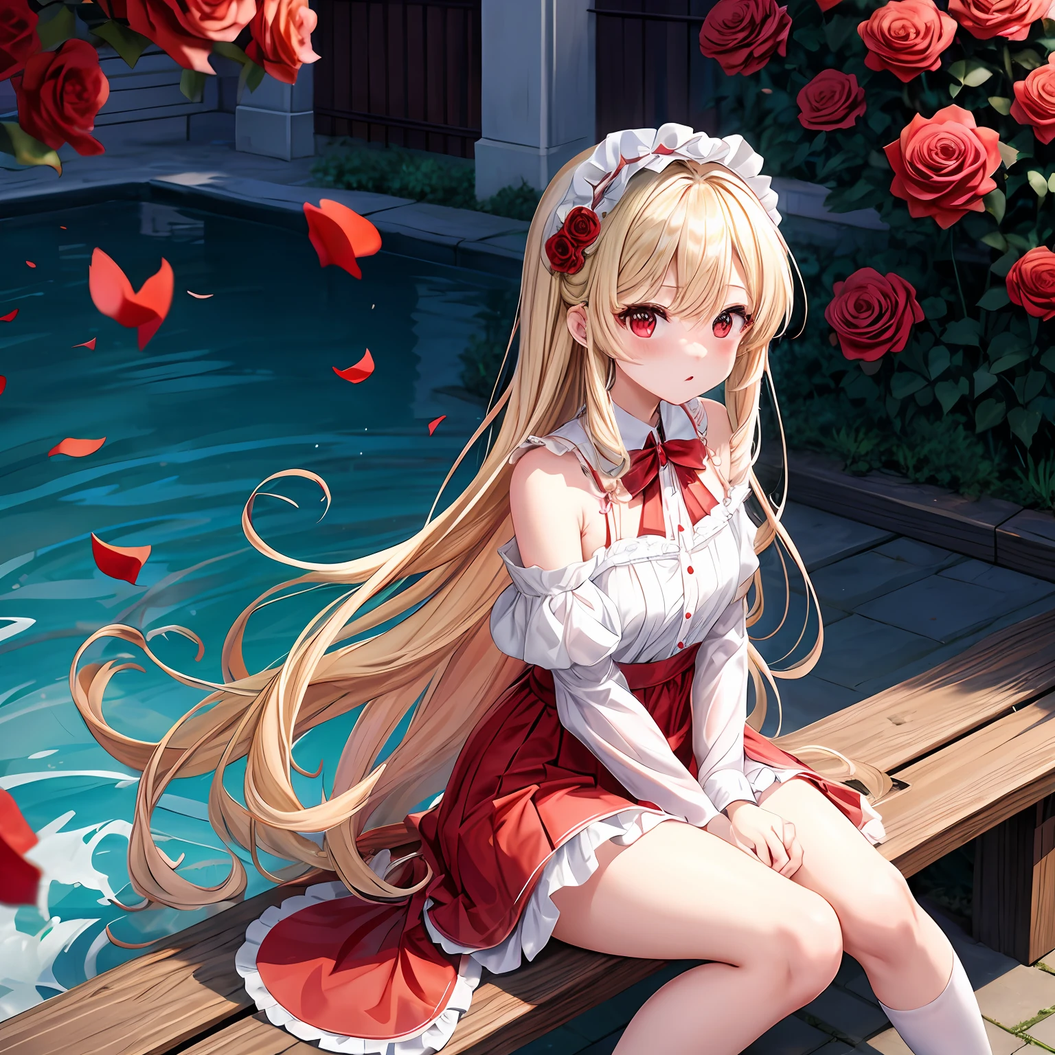 a blond、red eyes、One girl、kawaii、animesque、robe blanche、off shoulders、a miniskirt、red blush、Bright red rose garden、sitting on