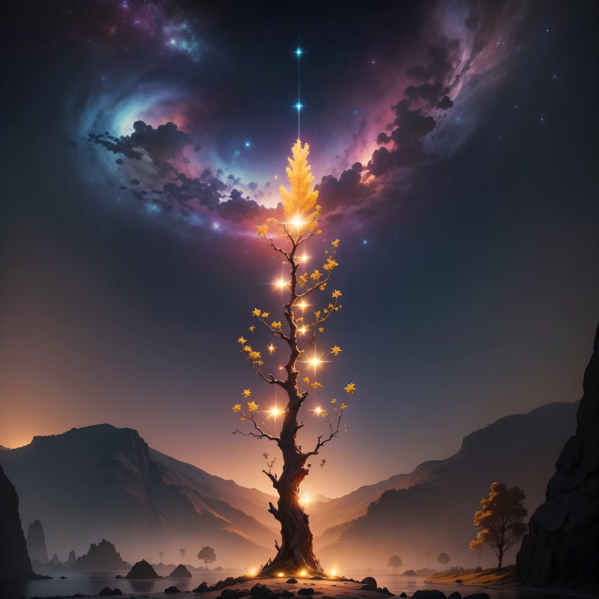 (⁰ full: 1.2), (estrelas cadentes: 0.9), (nebulosa: 1.3), montanha distante , BREAK tree production art, (fonte de luz quente: 1.2), (Firefly: 1.2), lamp, muito roxo e laranja, detalhes complexos, volumetric lighting BREAK (obra-prima: 1.2), (melhor qualidade), 4k, ultradetalhado , (dynamic compositing: 1.4), detalhes coloridos altamente detalhados (cores iridescentes: 1.2), (bright illumination, Atmospheric Illumination), sonhador, magica, (solo: 1.2)