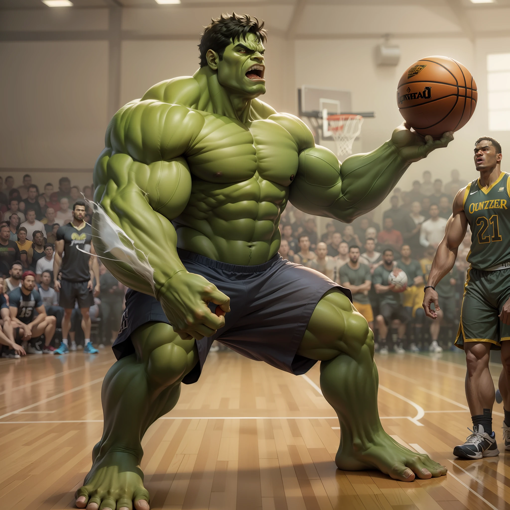 In this exciting promotion, We are introduced to a unique and unexpected scene: o poderoso Hulk da Marvel ( filme ) jogando basquete em uma quadra de basquete. The image begins with Hulk in all his grandeur, Standing in the center of the court. He's dressed in a custom basketball T-shirt, that stretches to fit your muscular physique. Com cada movimento, the court shakes under the force of the Hulk. He holds the basketball with a colossal hand, ready to make an epic pitch.