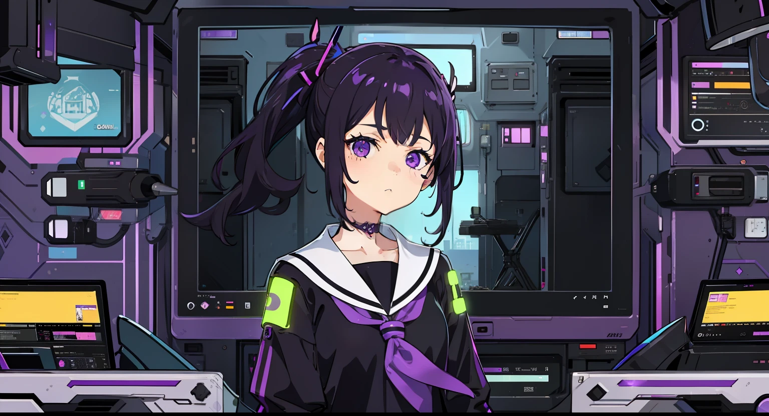 1girl in, Short stature, Black hair, Side Ponytail, Purple eyes, Sailor Suit, facing, Purple Cyberpunk, Room with large monitor, Purple fluorescent light