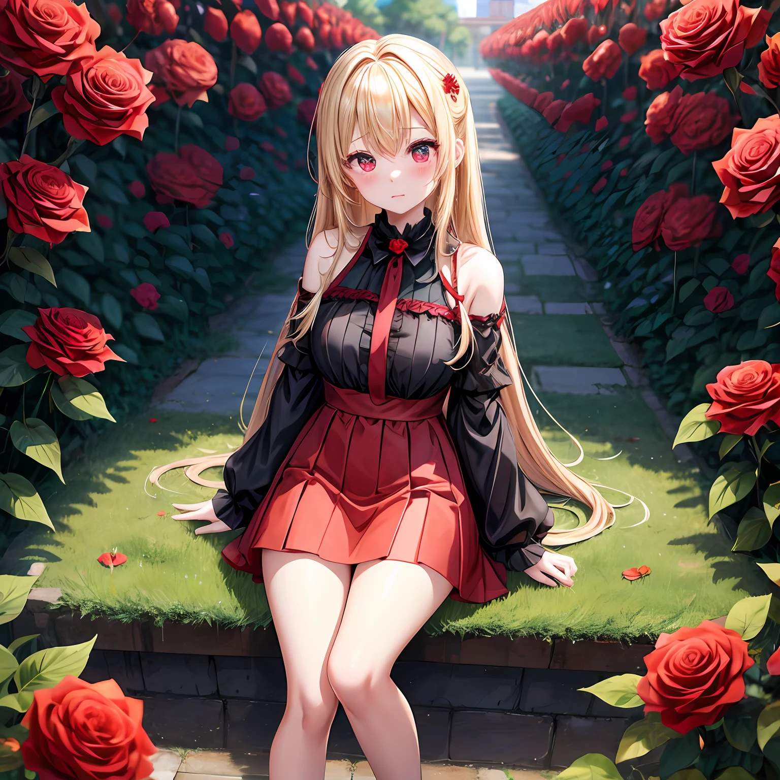 a blond、red eyes、One girl、kawaii、animesque、Black dress、off shoulders、a miniskirt、red blush、Bright red rose garden、sitting on