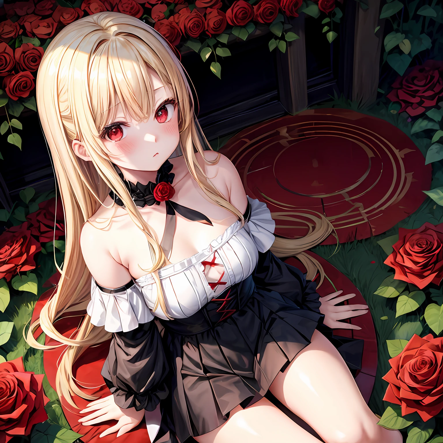 a blond、red eyes、One girl、kawaii、animesque、Black dress、off shoulders、a miniskirt、red blush、Bright red rose garden、sitting on